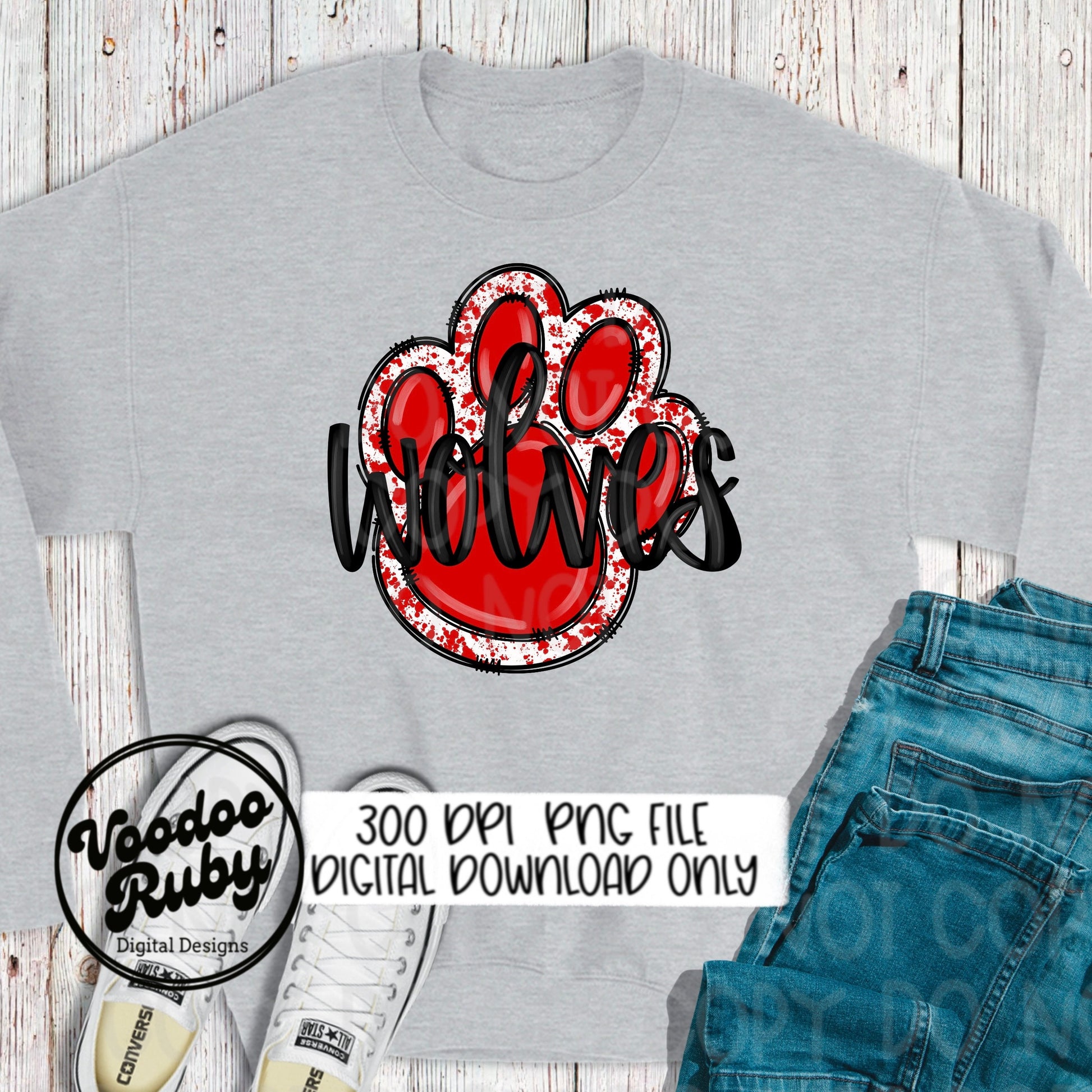 Wolves PNG Sublimation Design Hand Drawn Digital Download Football PNG Red and Black Paw Print Clip Art Printable