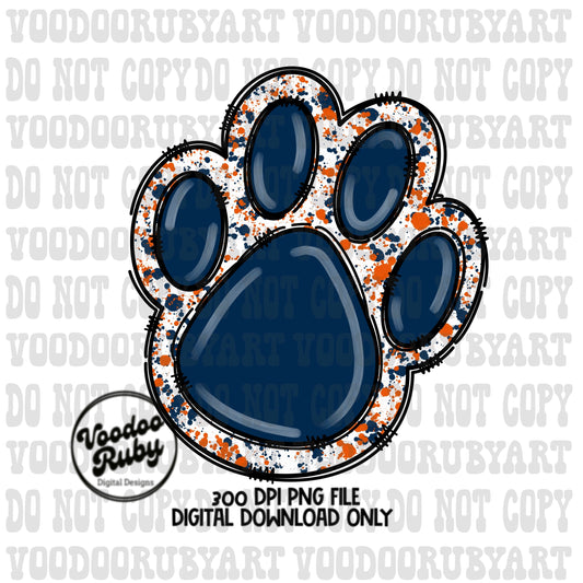 Blue Orange Paw Print PNG Sublimation Design Hand Drawn Digital Download Clip Art