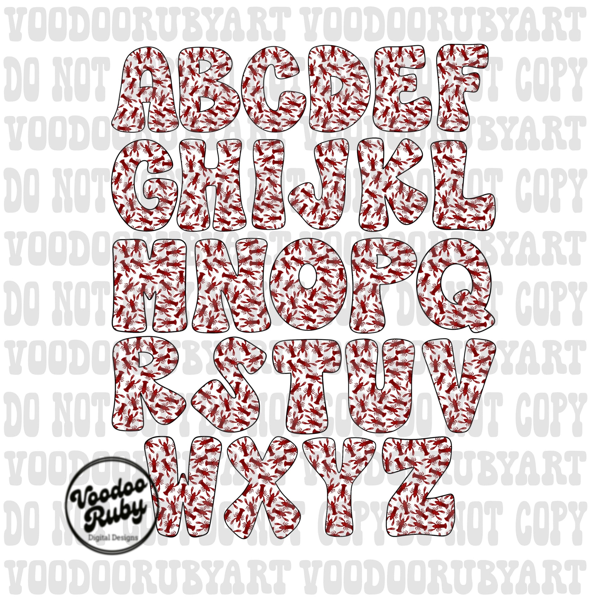 Crawfish Doodle Alphabet PNG: Cajun Letters, Louisiana Sublimation (Digital Download)