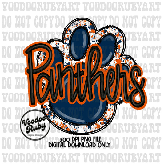 Panthers Paw Print PNG Sublimation Design Hand Drawn Digital Download Football PNG Blue and Orange Print Printable Clip Art