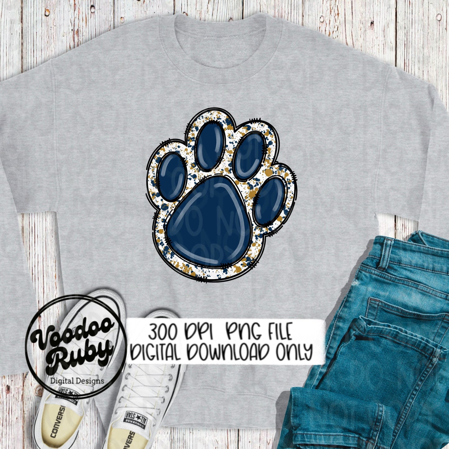 Blue Gold Paw PNG Design Hand Drawn Digital Download Sublimation Blanks Paw Print PNG Football DTF Printable Clip Art