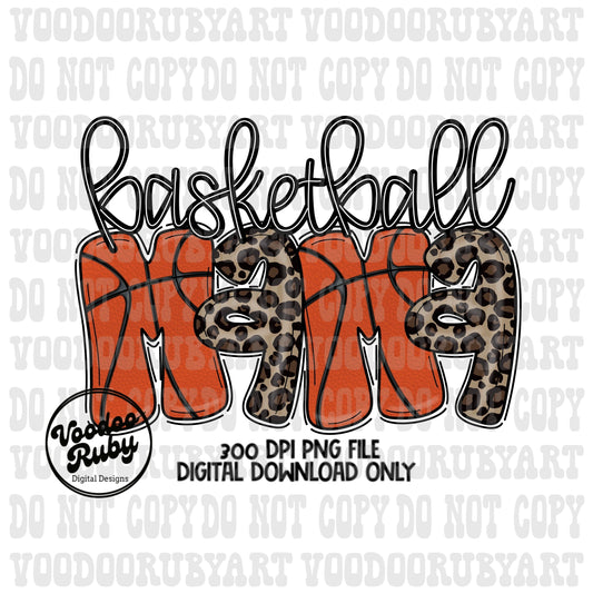 Retro Basketball Mama Sublimation PNG Design Leopard Basketball Hand Drawn Digital Download PNG Basketball Doodle Letters Printable