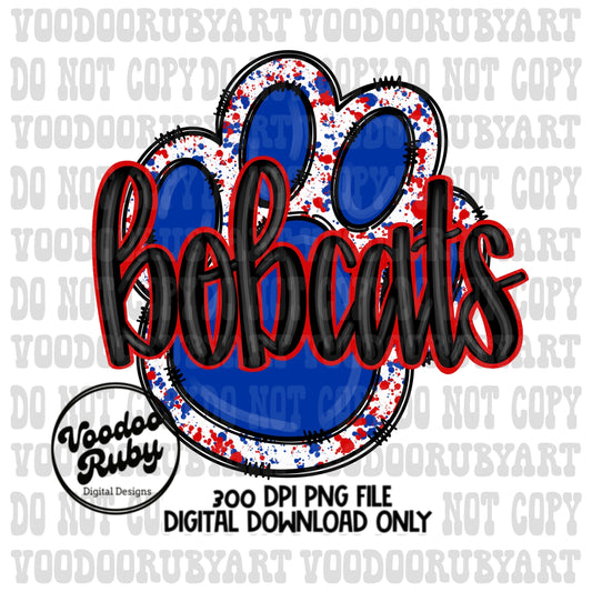 Bobcats Paw Print PNG Sublimation Design Hand Drawn Digital Download Football PNG Blue and Red Paw Print Printable Clip Art