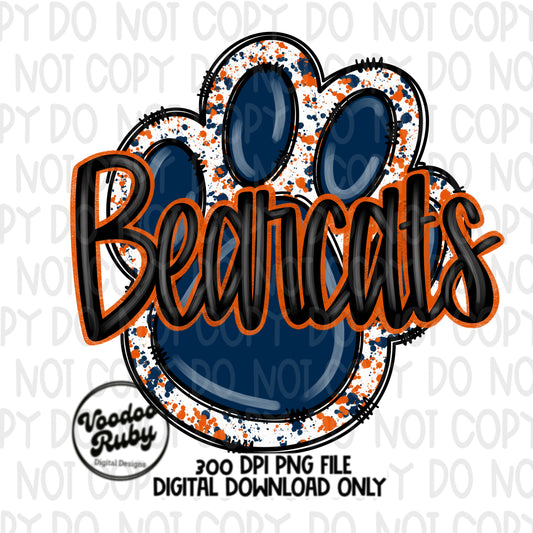 Bearcats PNG Design Hand Drawn Digital Download Football png Blue Orange Paw Print Sublimation png Bearcats Football DTF Printable Clip Art