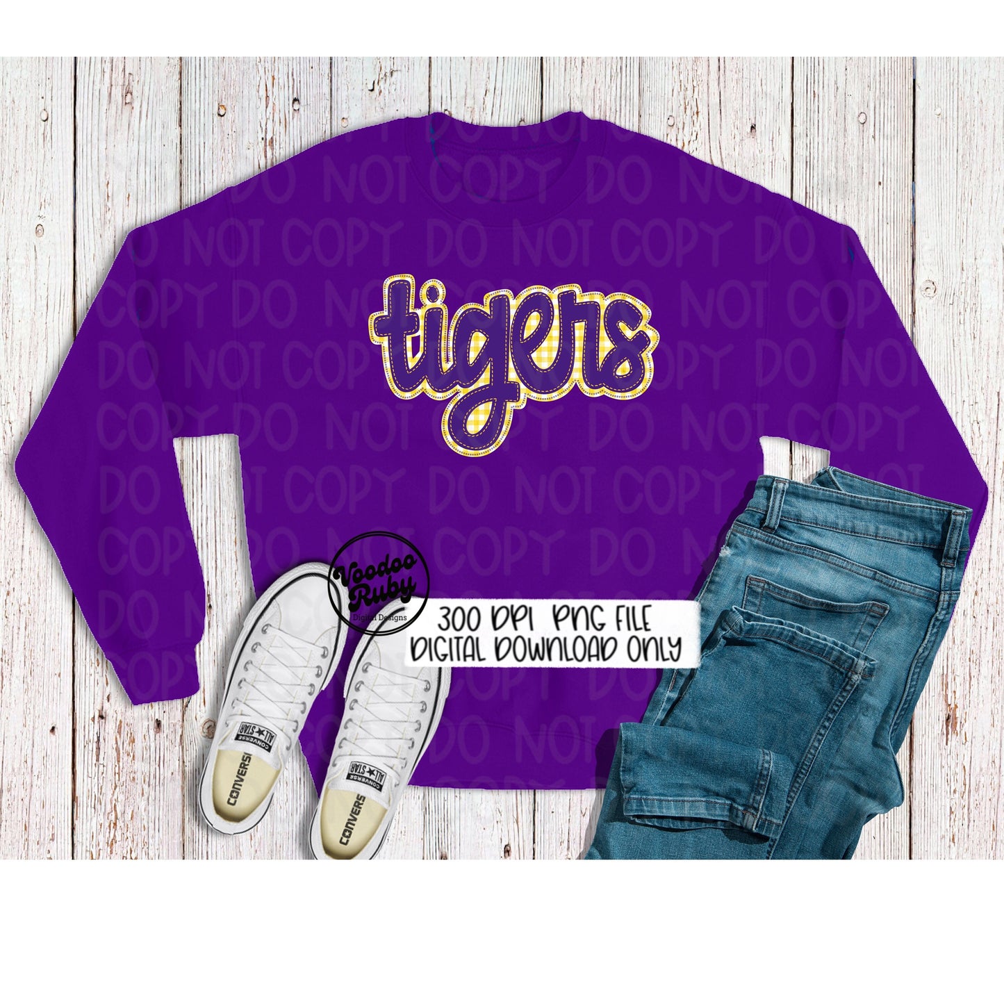 Tigers PNG Design Purple Gold Hand Drawn Digital Download Embroidery PNG Faux Applique Tigers Football png DTF Printable Clip Art Mascot