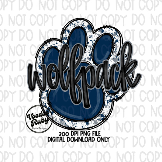 Wolfpack PNG Design Hand Drawn Digital Download Football PNG Sublimation Blue Wolfpack Silver Gray Paw Print Mascot DTF Printable Clip Art