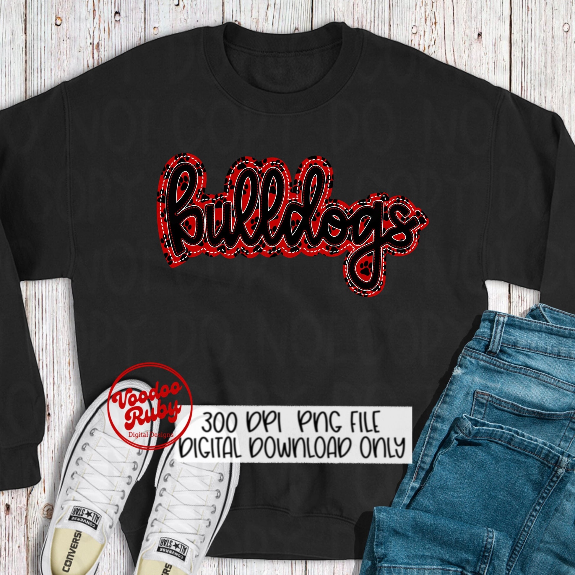 Bulldogs PNG Design Embroidery Faux Applique Hand Drawn Digital Download Sublimation Bulldogs DTF Printable Black and Red Bulldogs Football