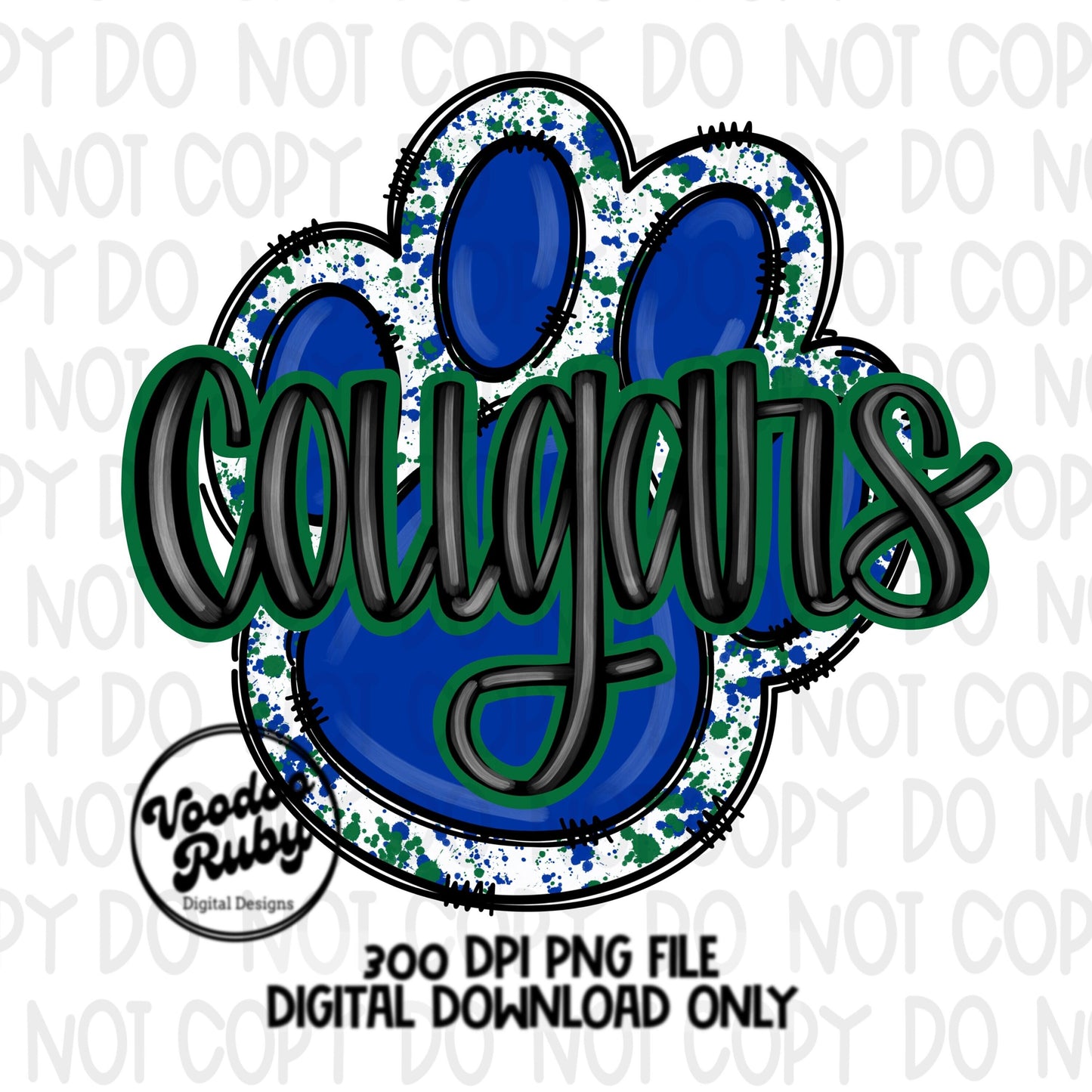 Cougars PNG Design Hand Drawn Digital Download Sublimation Mascot Blue Green Cougars PNG Football DTF Printable Clip Art