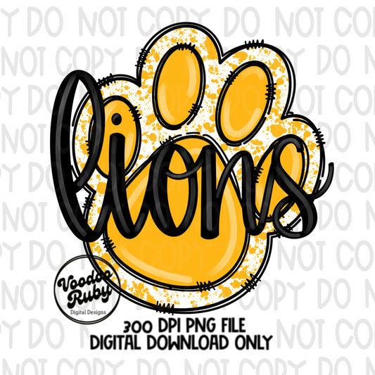 Lions Paw Print PNG Sublimation Design Hand Drawn Digital Download Football PNG Yellow Gold Lions Paw Mascot Printable Clip Art