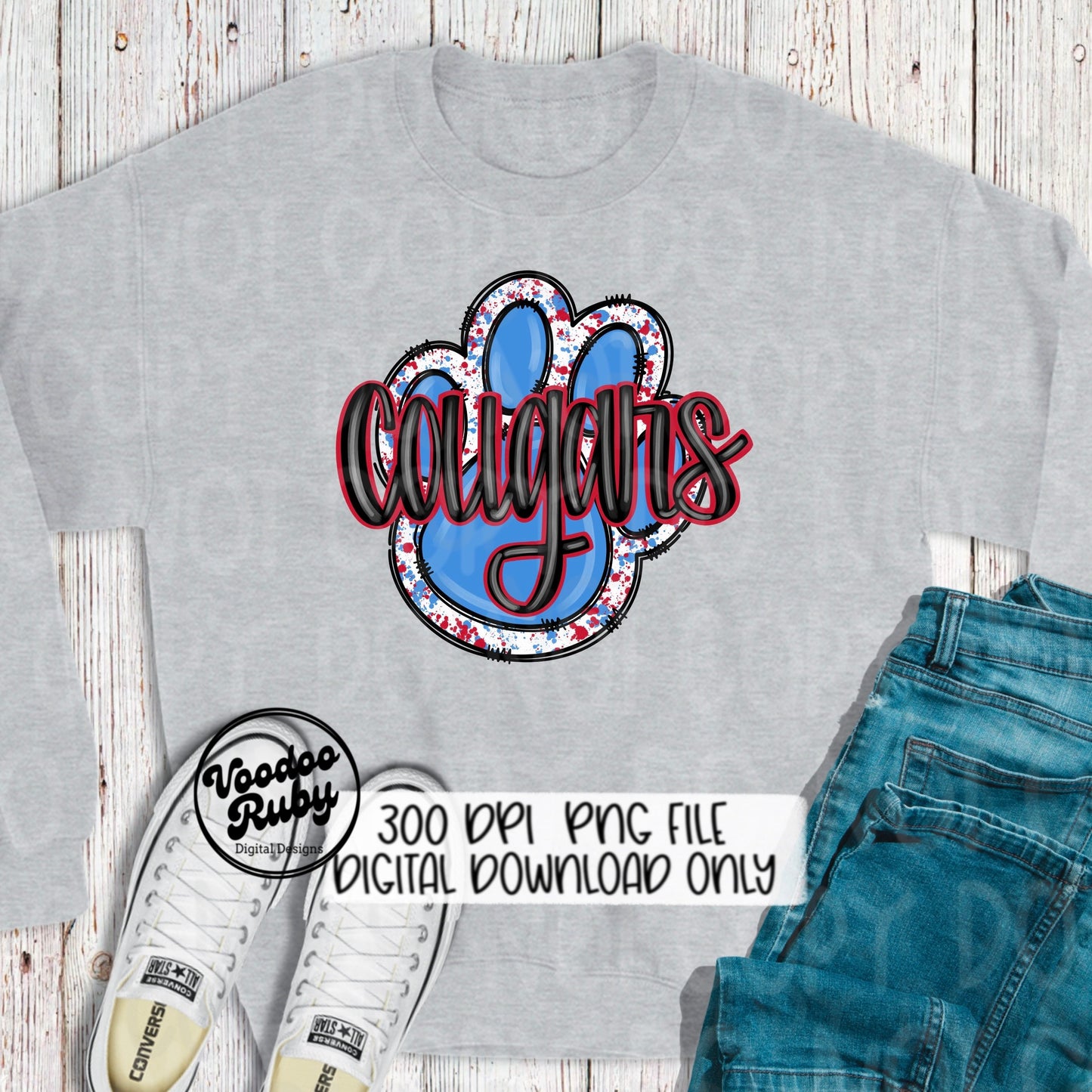 Cougars PNG Design Mascot Hand Drawn Digital Download Blue Red Cougars PNG Paw Print Mascot Football DTF Printable Doodle Clip Art