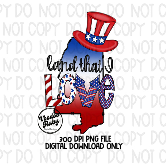 Mississippi PNG Design 4th of July png Hand Drawn Digital Download Sublimation USA Red White Blue America png Land That I Love dtf Printable