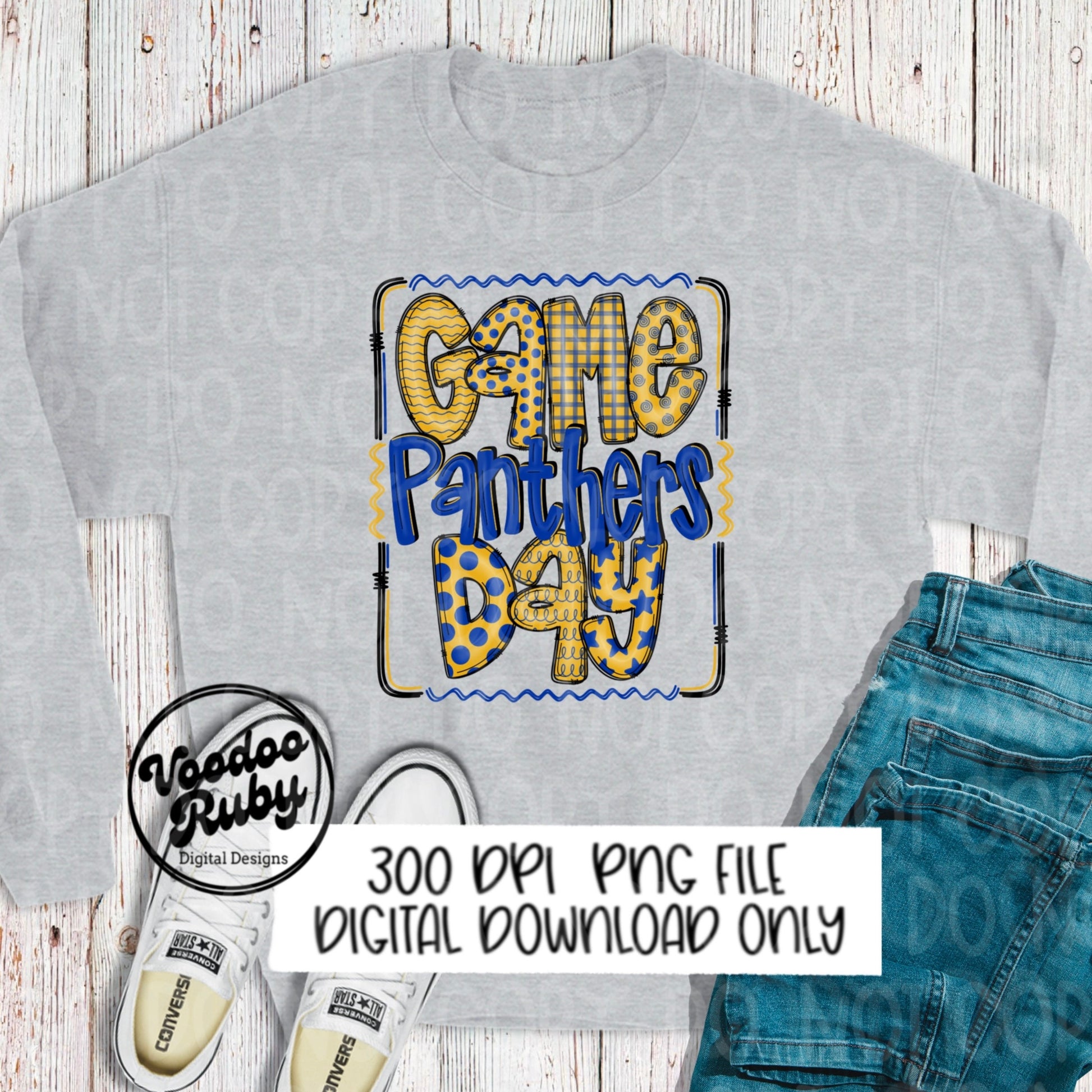 Panthers PNG Design Hand Drawn Digital Download Sublimation Game Day PNG Blue Gold Panthers Game Day Doodle Letters Football DTF Printable