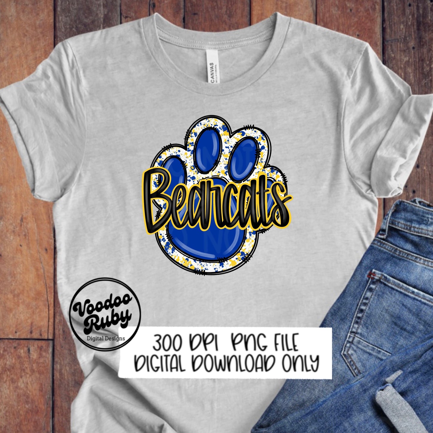 Bearcats PNG Design Hand Drawn Digital Download Sublimation Football PNG Blue and Yellow Paw Print Bearcats Football DTF Printable