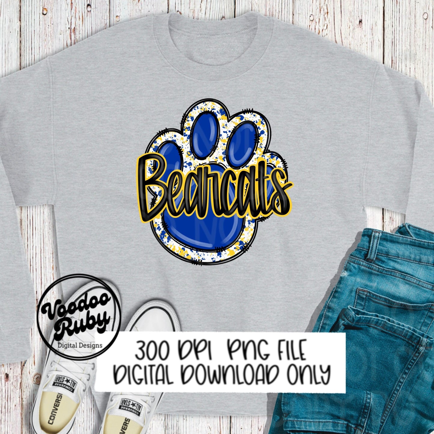 Bearcats PNG Design Hand Drawn Digital Download Sublimation Football PNG Blue and Yellow Paw Print Bearcats Football DTF Printable