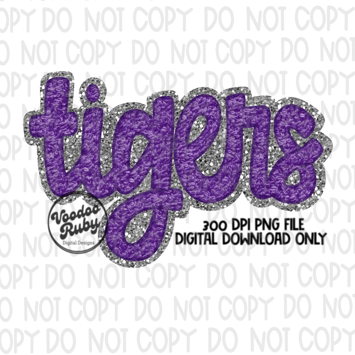 Tigers PNG Design Faux Chenille Patches Faux Applique Hand Drawn Digital Download Sublimation Football Purple Silver Tigers DTF Printable