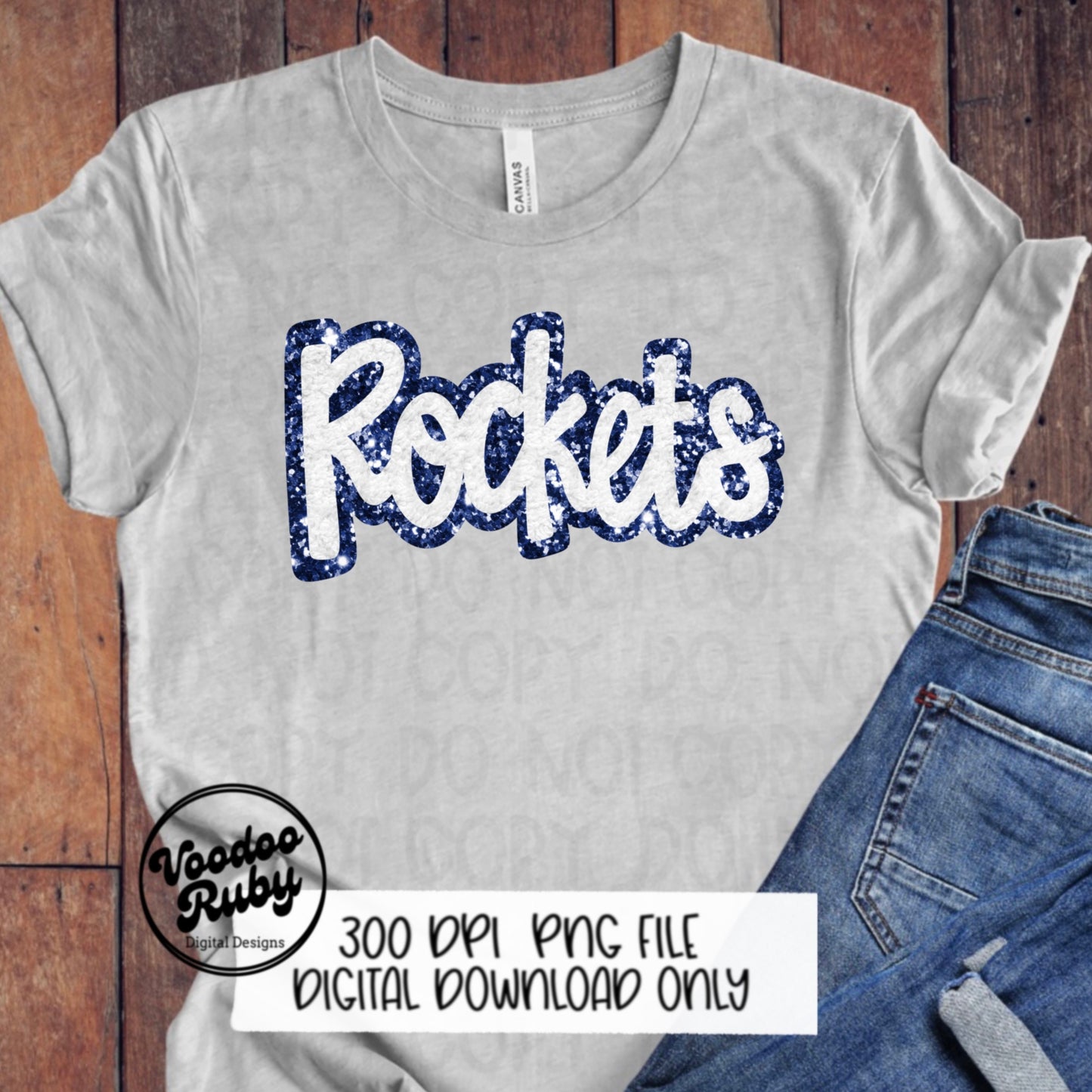 Rockets PNG Design Hand Drawn Digital Download Sublimation Faux Chenille PNG Blue and White Football png Rockets DTF Printable Cheer png