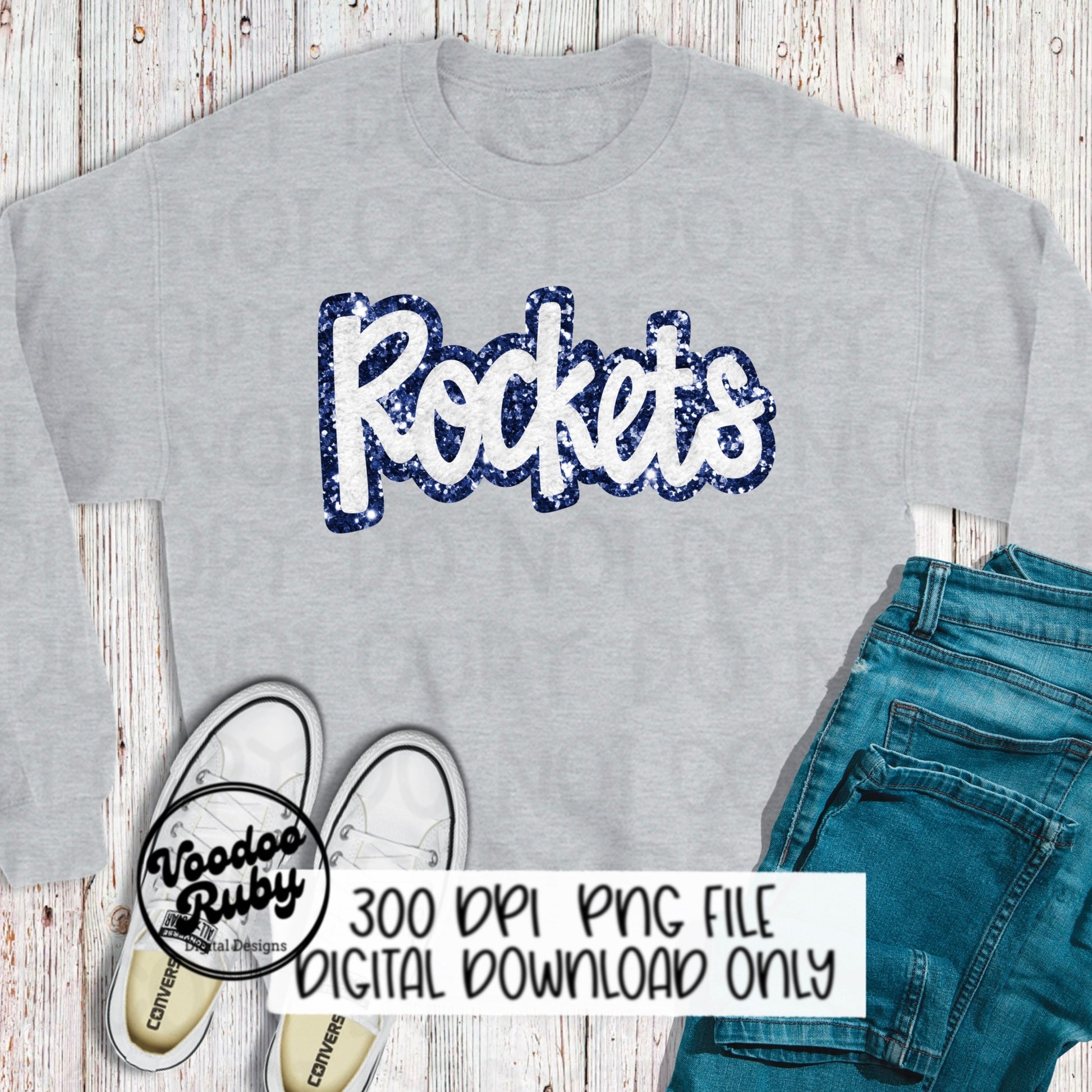 Rockets PNG Design Hand Drawn Digital Download Sublimation Faux Chenille PNG Blue and White Football png Rockets DTF Printable Cheer png