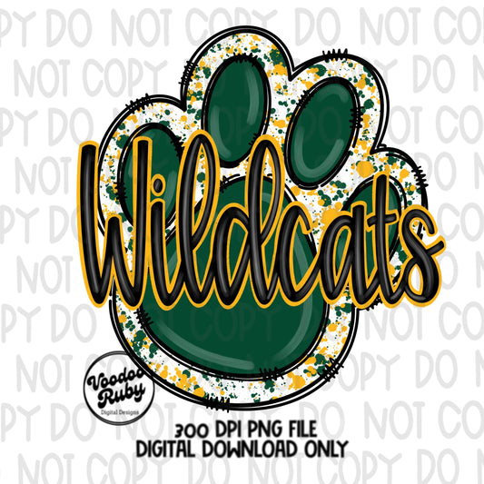 Wildcats PNG Design Hand Drawn Digital Download Football PNG Sublimation Green Gold Wildcats png Mascot DTF Printable Clip Art