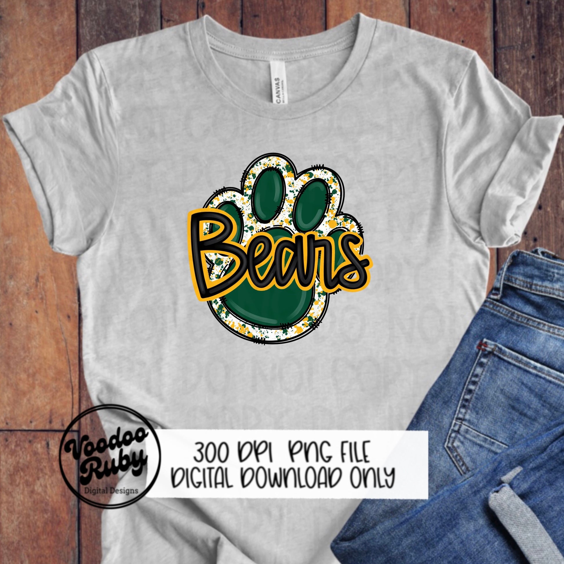 Bears PNG Design Hand Drawn Digital Download Football png Green Gold Yellow Paw Print Sublimation png Bears Football DTF Printable Clip Art