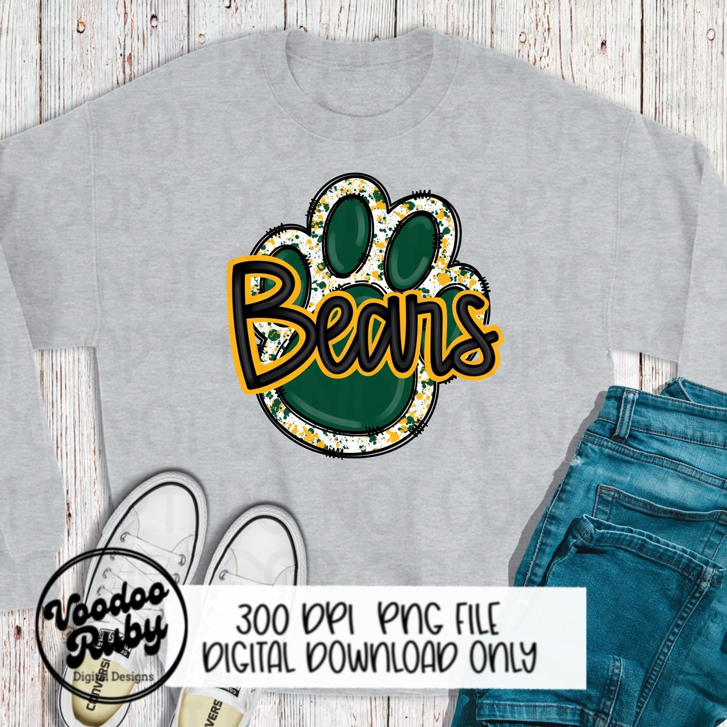 Bears PNG Design Hand Drawn Digital Download Football png Green Gold Yellow Paw Print Sublimation png Bears Football DTF Printable Clip Art