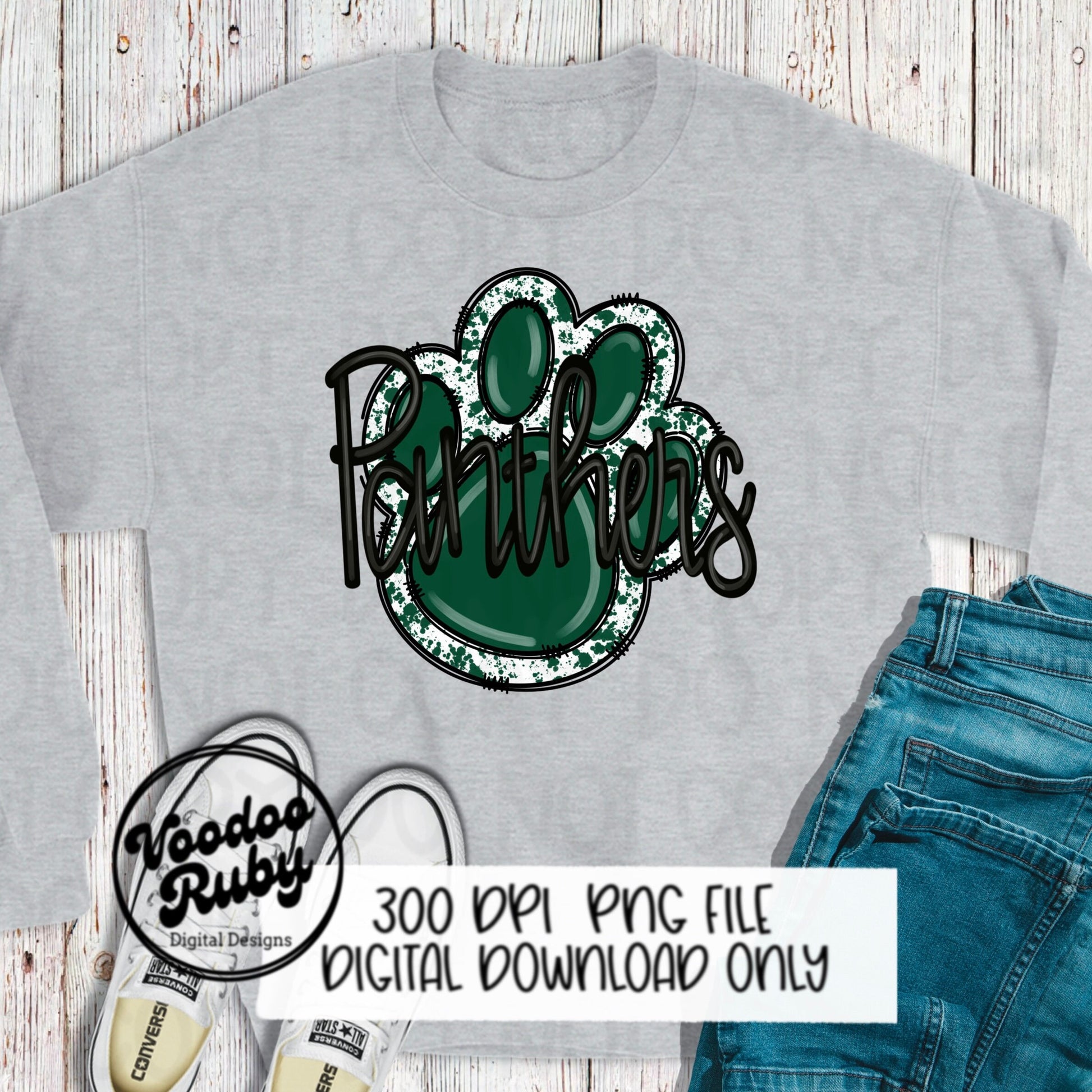 Panthers PNG Design Hand Drawn Digital Download Football PNG Green Panthers png Paw Print Sublimation Blanks Mascot DTF Printable Cheer png