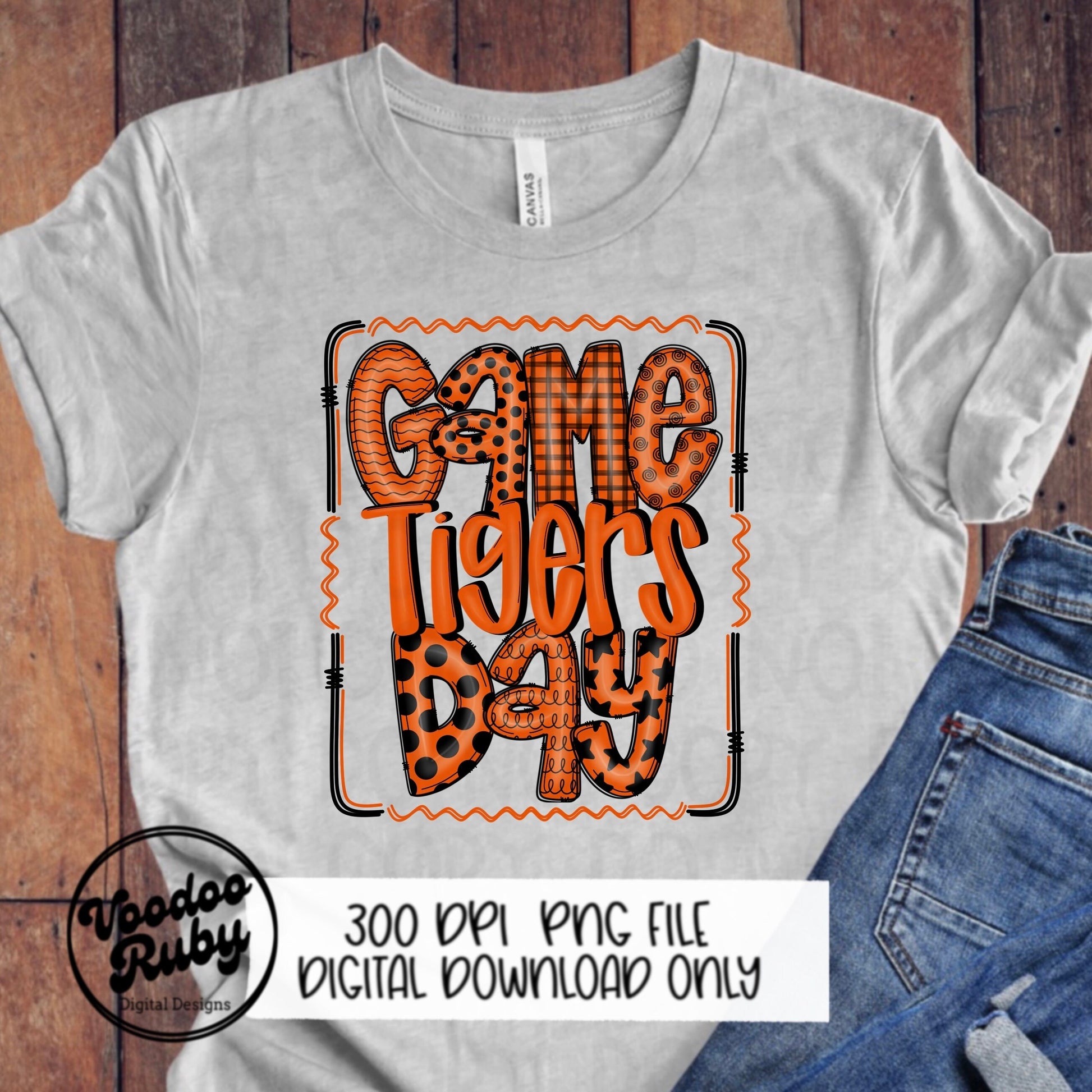 Tigers PNG Design Hand Drawn Digital Download Sublimation Game Day PNG Orange Black Tigers Game Day Doodle Letters Football DTF Printable