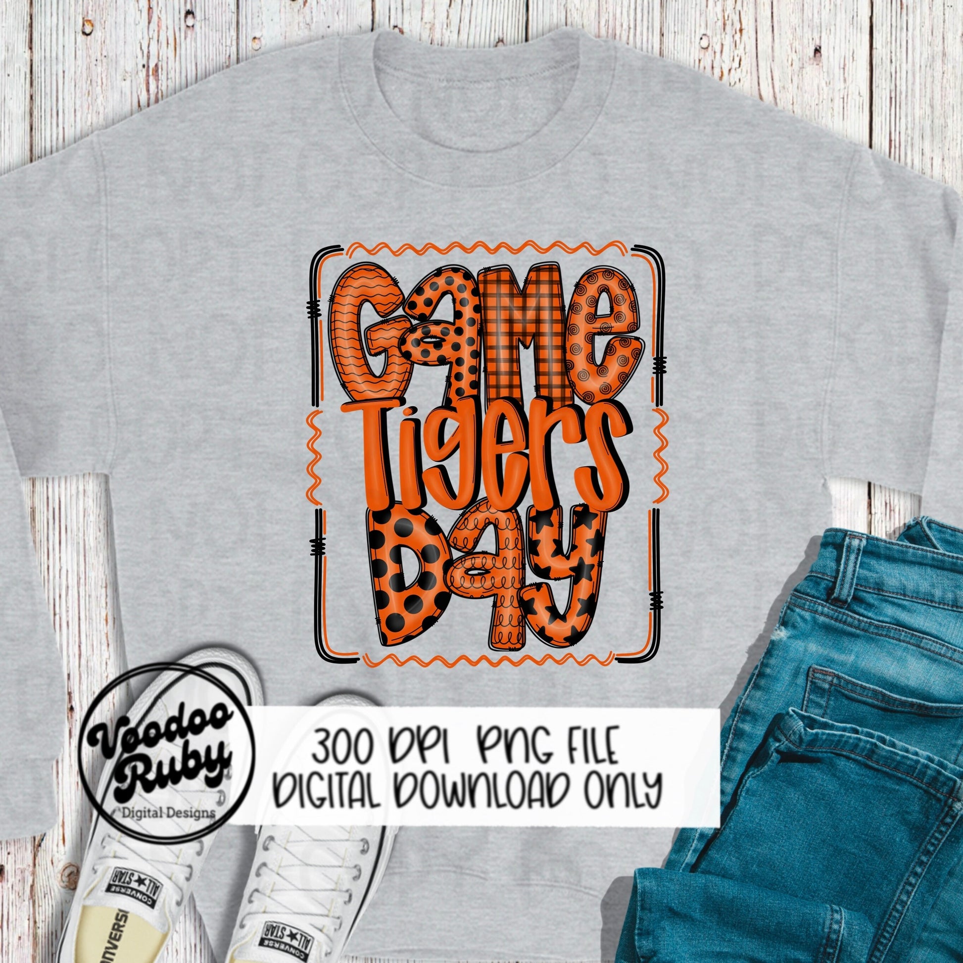 Tigers PNG Design Hand Drawn Digital Download Sublimation Game Day PNG Orange Black Tigers Game Day Doodle Letters Football DTF Printable