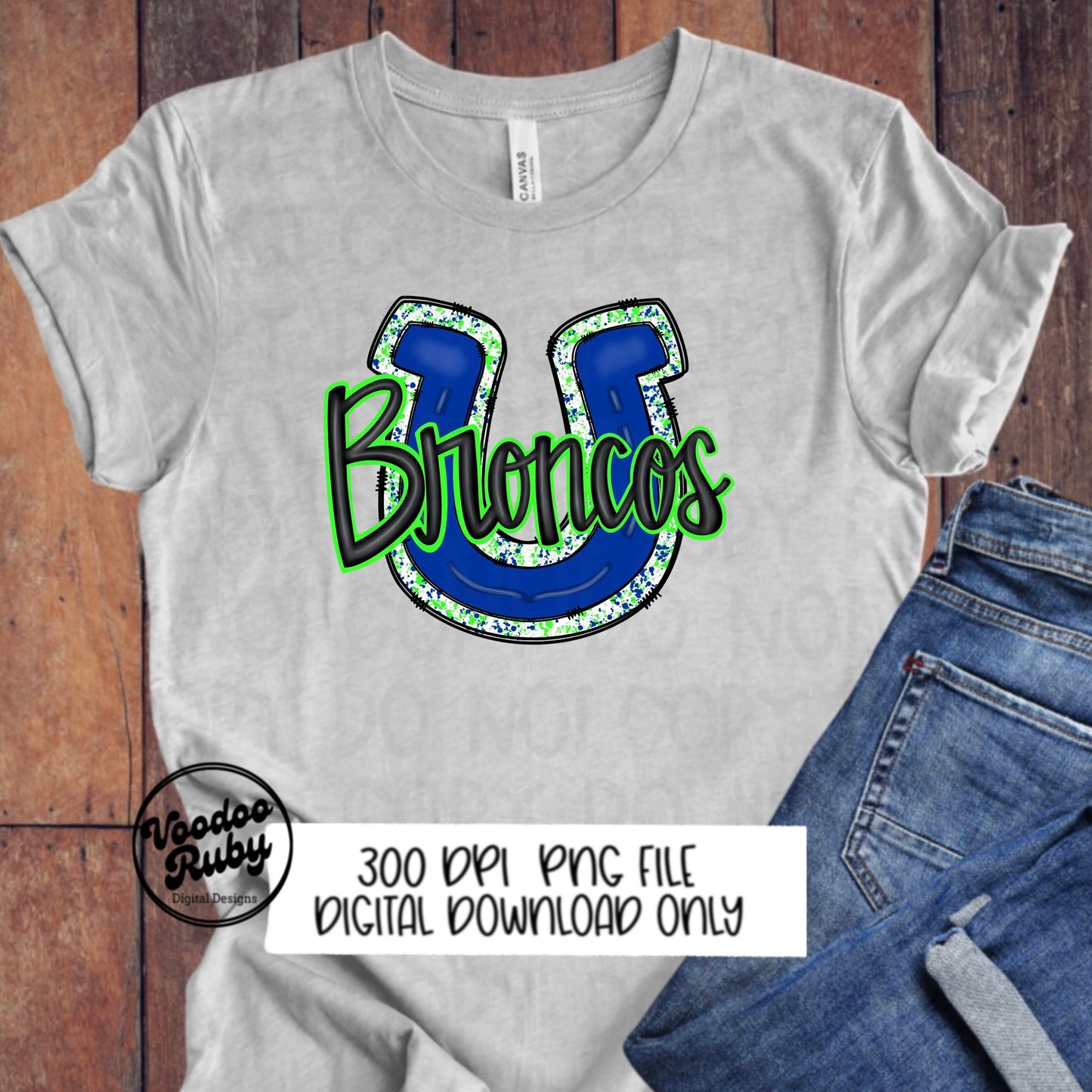 Broncos PNG Design Hand Drawn Digital Download Football PNG Broncos Sublimation Design Blue Lime Green Broncos Football DTF Printable