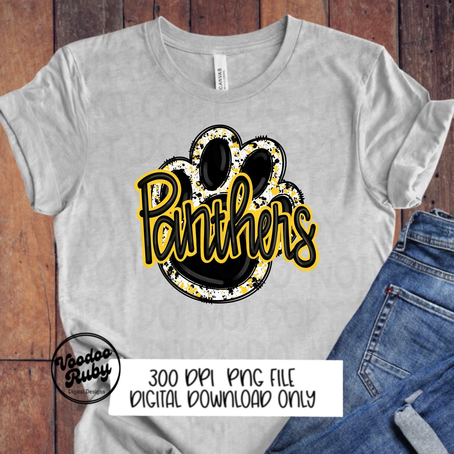 Panthers PNG Design Hand Drawn Digital Download Football PNG Paw Print Sublimation Design Black Yellow Panthers Football DTF Printable