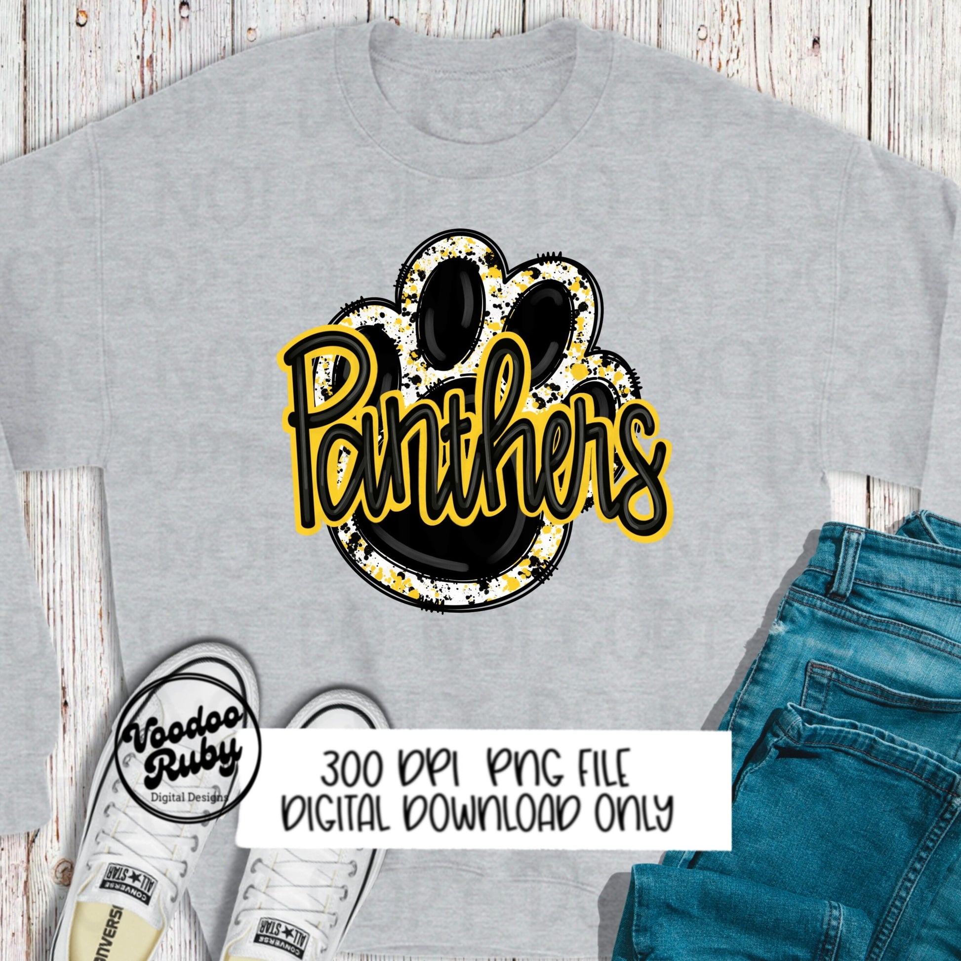 Panthers PNG Design Hand Drawn Digital Download Football PNG Paw Print Sublimation Design Black Yellow Panthers Football DTF Printable