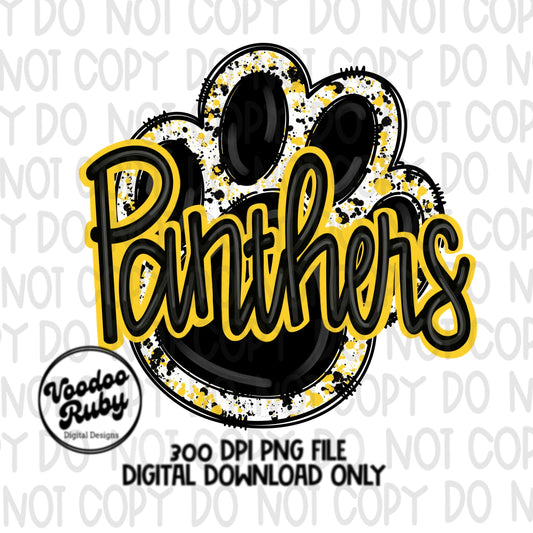 Panthers PNG Design Hand Drawn Digital Download Football PNG Paw Print Sublimation Design Black Yellow Panthers Football DTF Printable