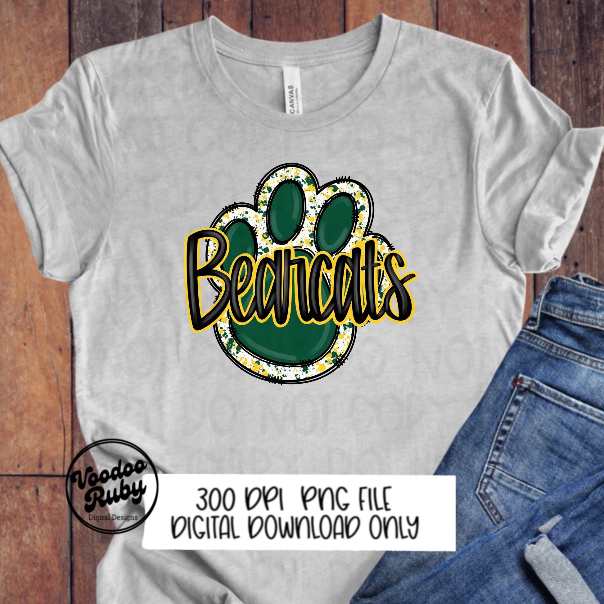 Bearcats PNG Design Hand Drawn Digital Download Sublimation Football PNG Green Yellow Bearcats Paw Print png Football DTF Printable