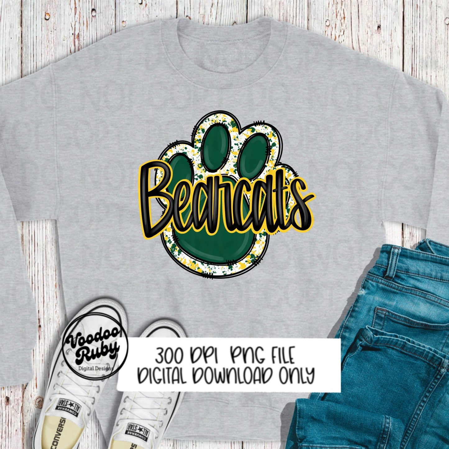 Bearcats PNG Design Hand Drawn Digital Download Sublimation Football PNG Green Yellow Bearcats Paw Print png Football DTF Printable