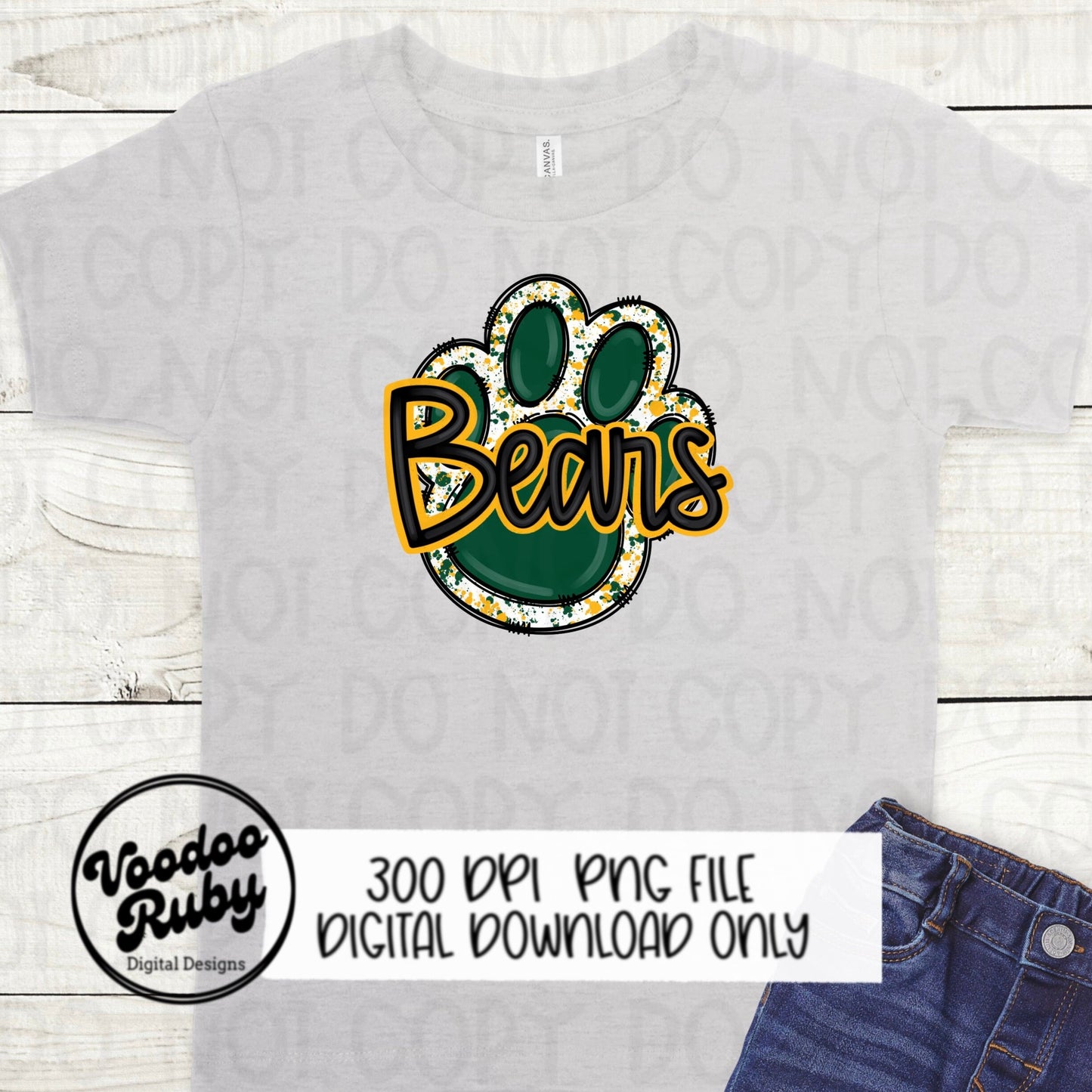 Bears PNG Design Hand Drawn Digital Download Football png Green Gold Yellow Paw Print Sublimation png Bears Football DTF Printable Clip Art