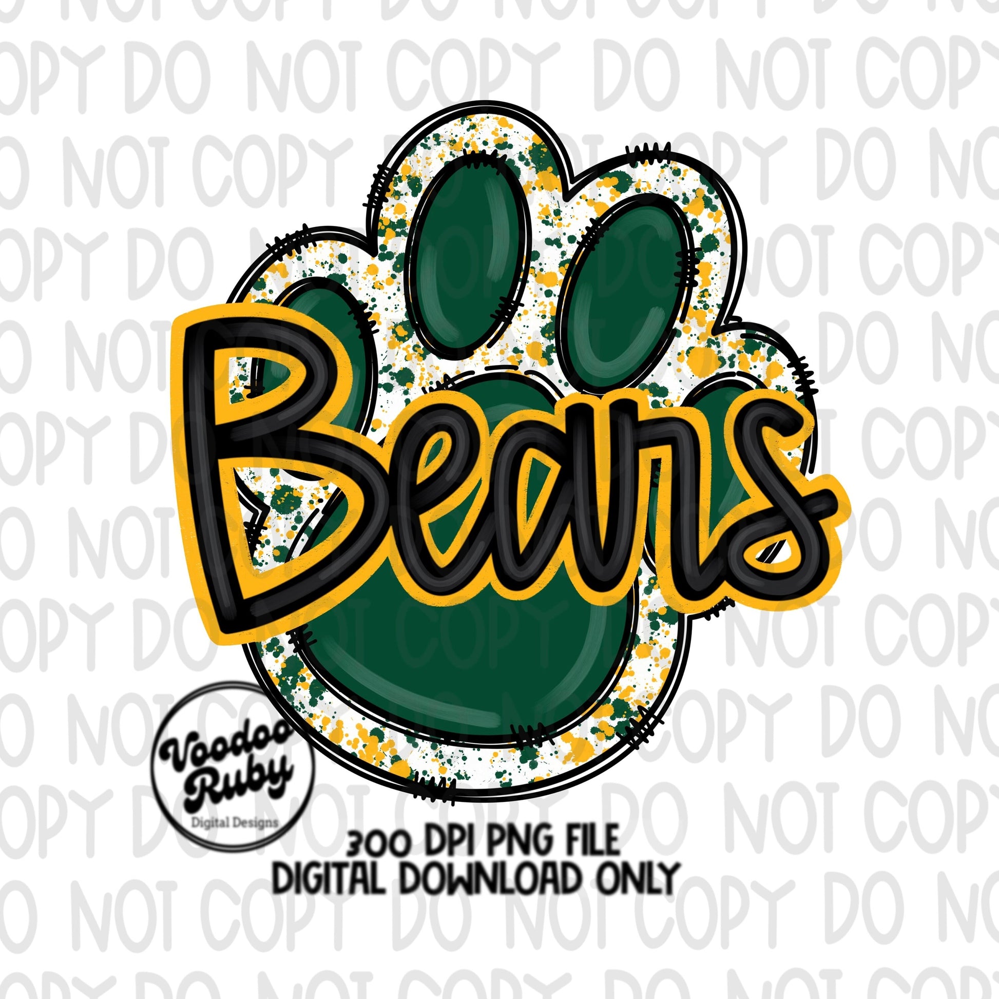Bears PNG Design Hand Drawn Digital Download Football png Green Gold Yellow Paw Print Sublimation png Bears Football DTF Printable Clip Art