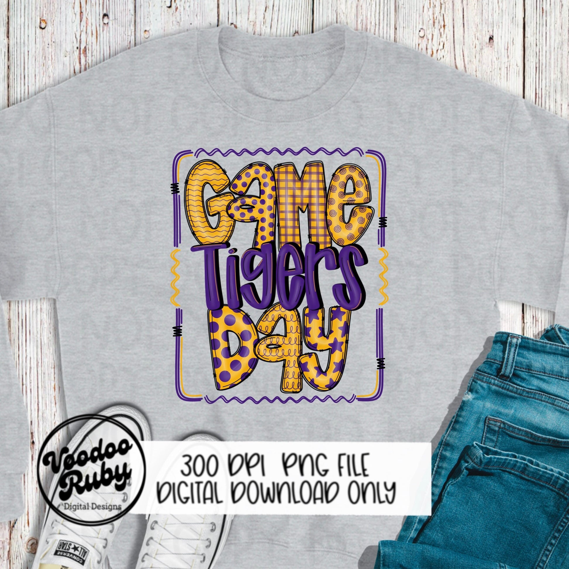 Tigers PNG Design Hand Drawn Digital Download Sublimation Game Day PNG Purple Gold Tigers Game Day Doodle Letters Football DTF Printable