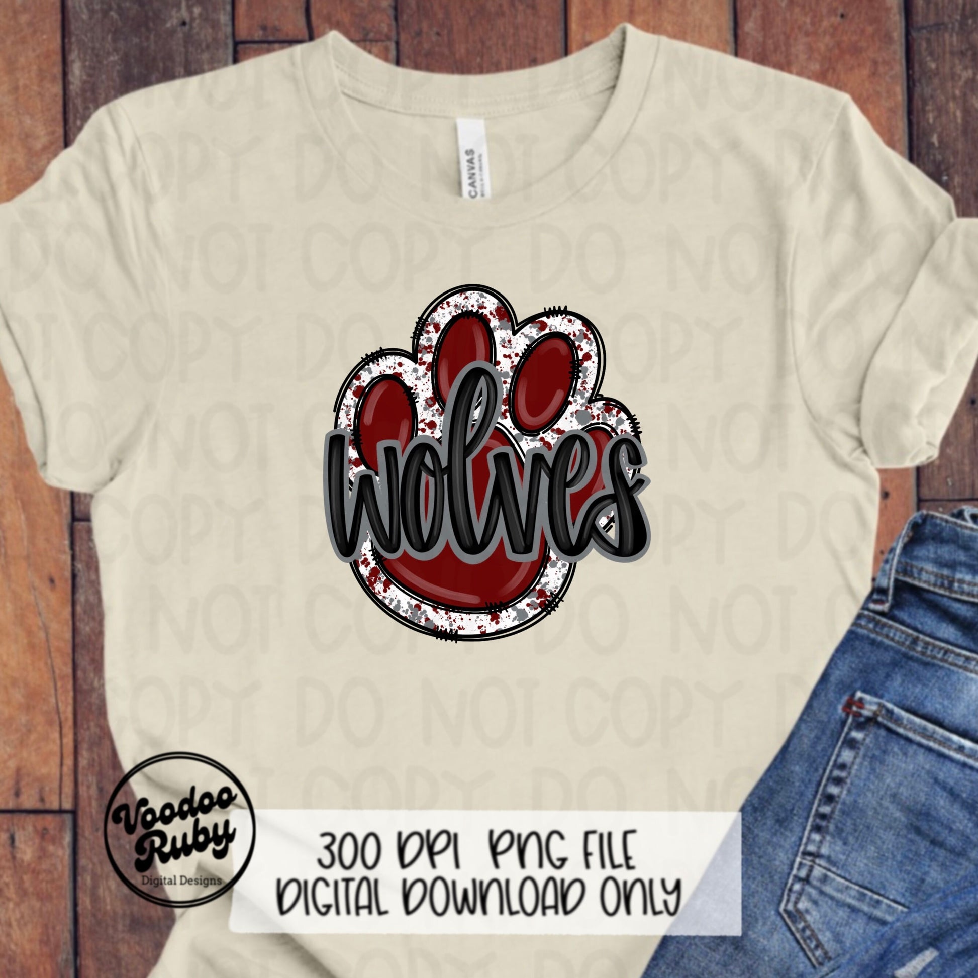 Wolves PNG Design Hand Drawn Digital Download Football PNG Paw Print Sublimation Design Maroon Gray Wolves Football DTF Printable