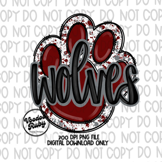 Wolves PNG Design Sublimation Hand Drawn Digital Download Football PNG Paw Maroon Gray Wolves Football DTF Printable