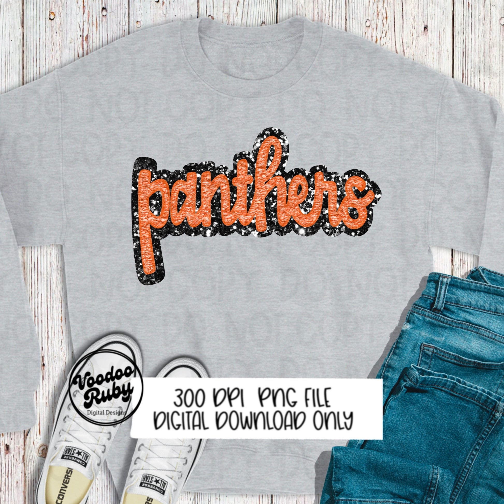 Panthers PNG Design Faux Chenille Patches Faux Applique Hand Drawn Digital Download Sublimation Football Black Orange Panthers DTF Printable