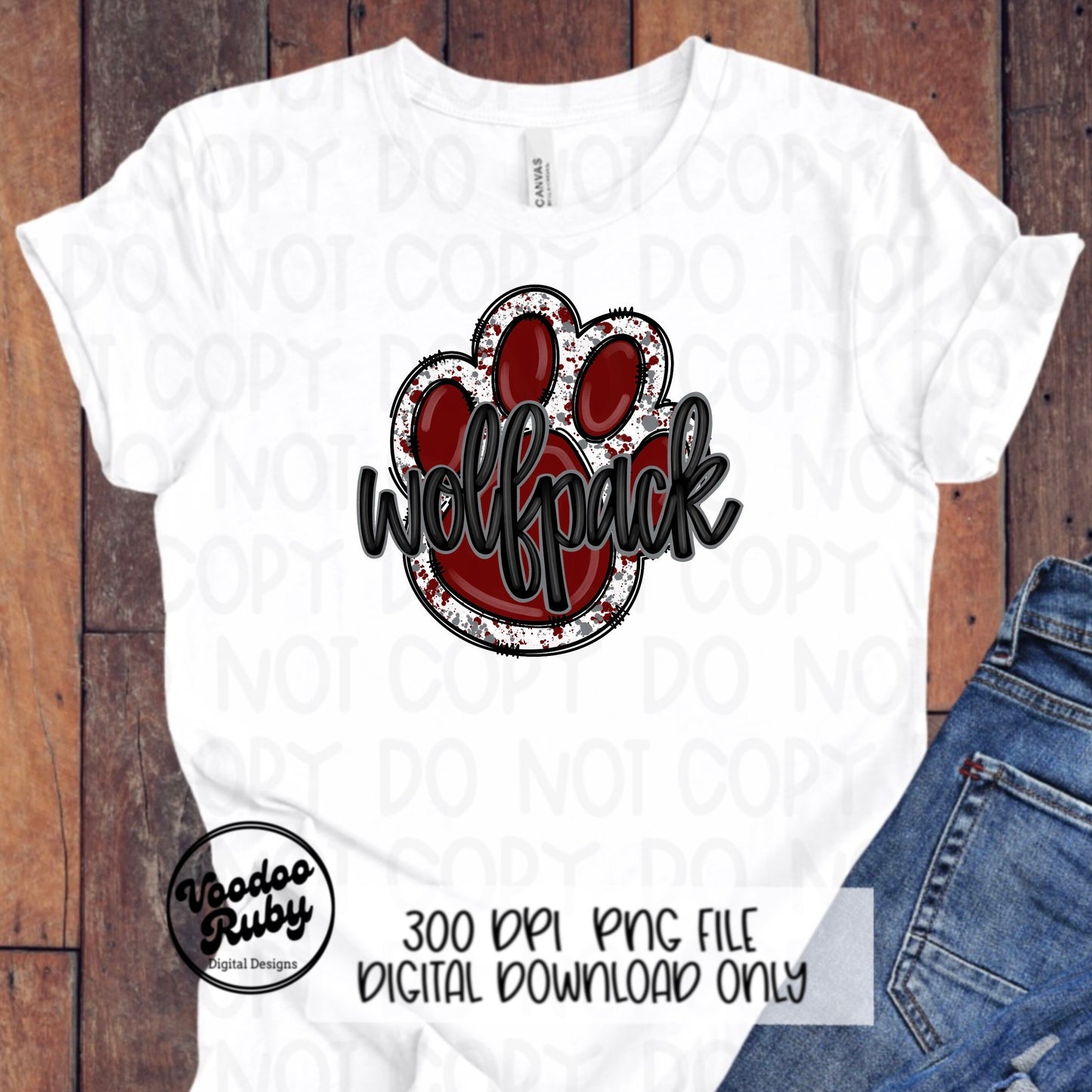 Wolfpack PNG Design Hand Drawn Digital Download Football PNG Paw Print Sublimation Design Maroon Wolfpack Football DTF Printable