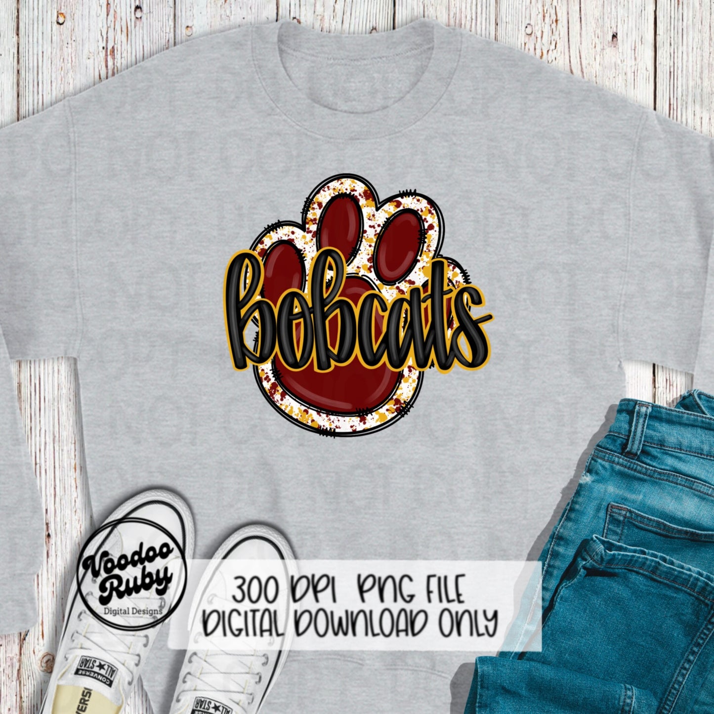 Bobcats PNG Design Maroon Yellow Gold Hand Drawn Digital Download Football PNG Paw Print Sublimation Design Bobcats Football DTF Printable