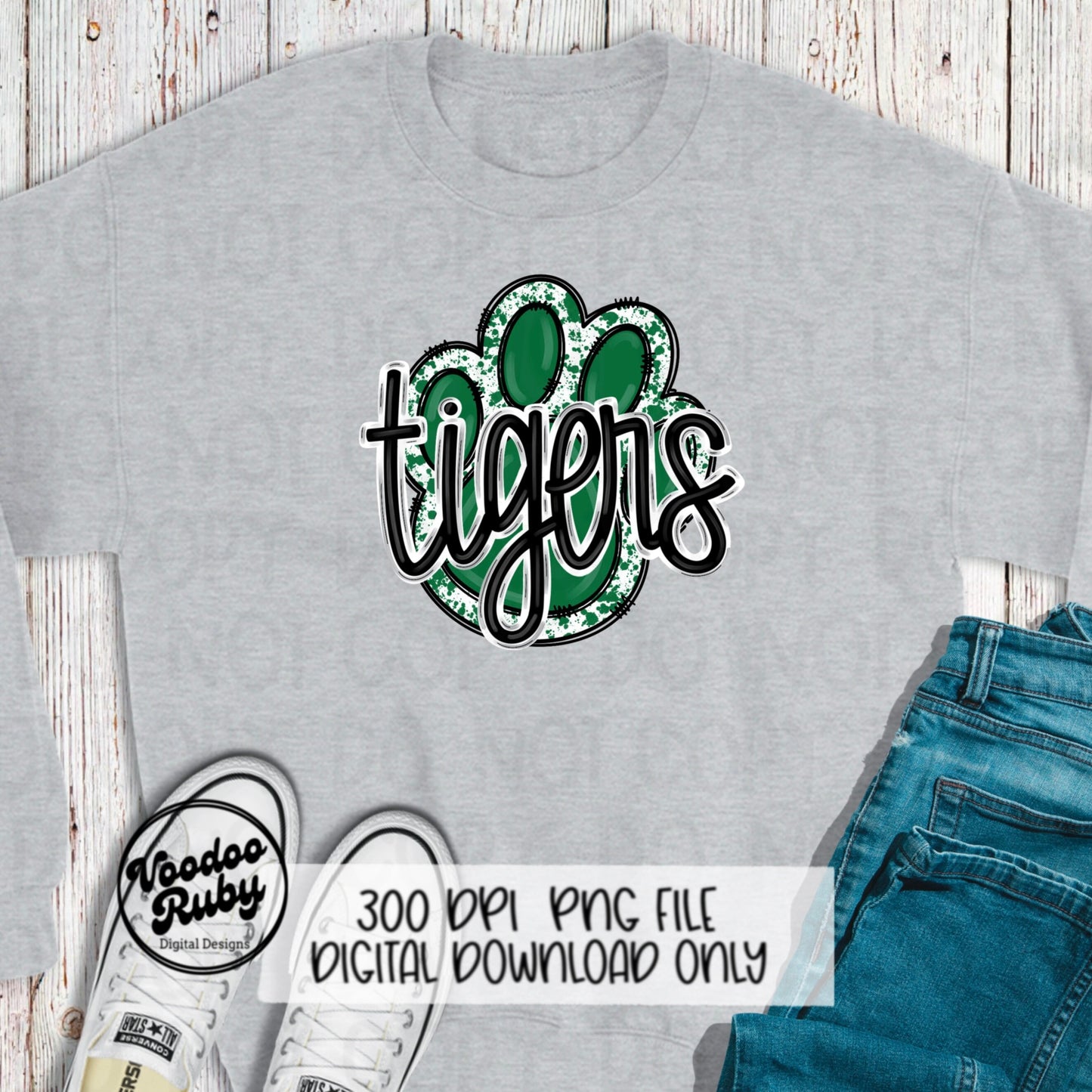 Tigers PNG Design Green Hand Drawn Digital Download Football PNG Paw Print Sublimation Design Tigers Football DTF Printable