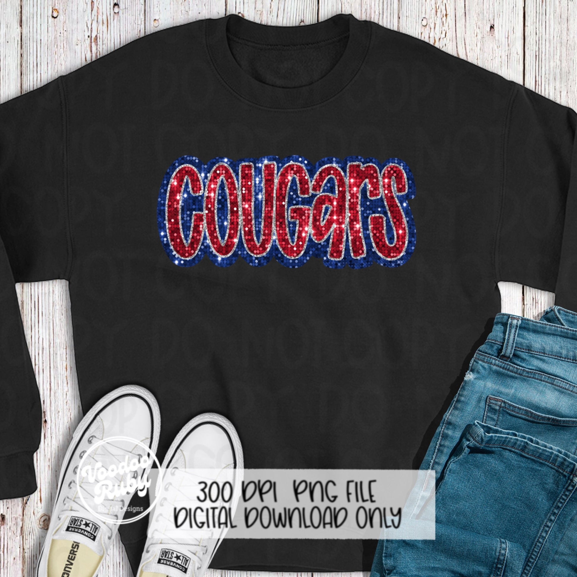 Cougars PNG Design Sequins Glitter Hand Drawn Digital Download Faux Sequins Patch PNG Printable Faux Appliqué Cougars Football DTF