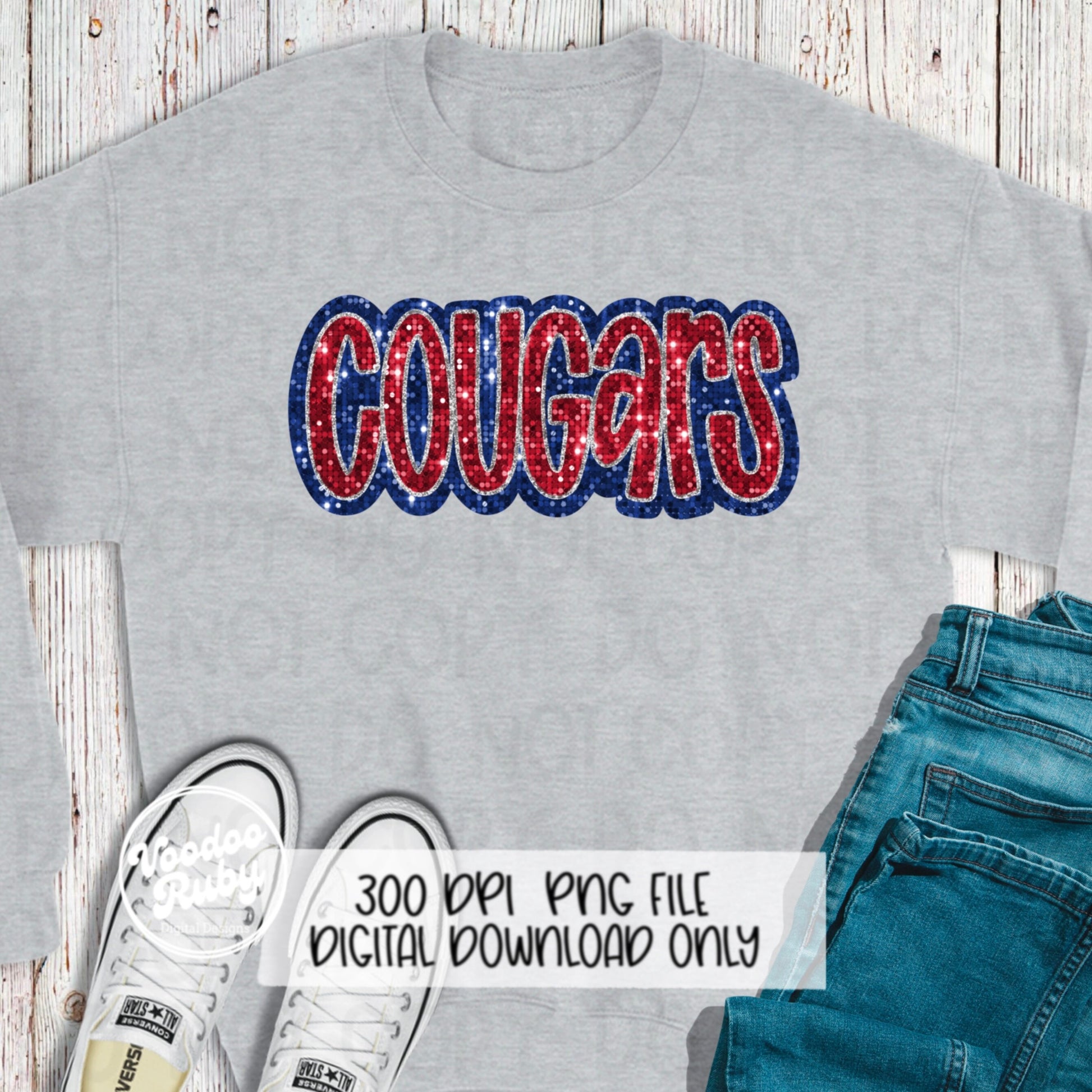 Cougars PNG Design Sequins Glitter Hand Drawn Digital Download Faux Sequins Patch PNG Printable Faux Appliqué Cougars Football DTF