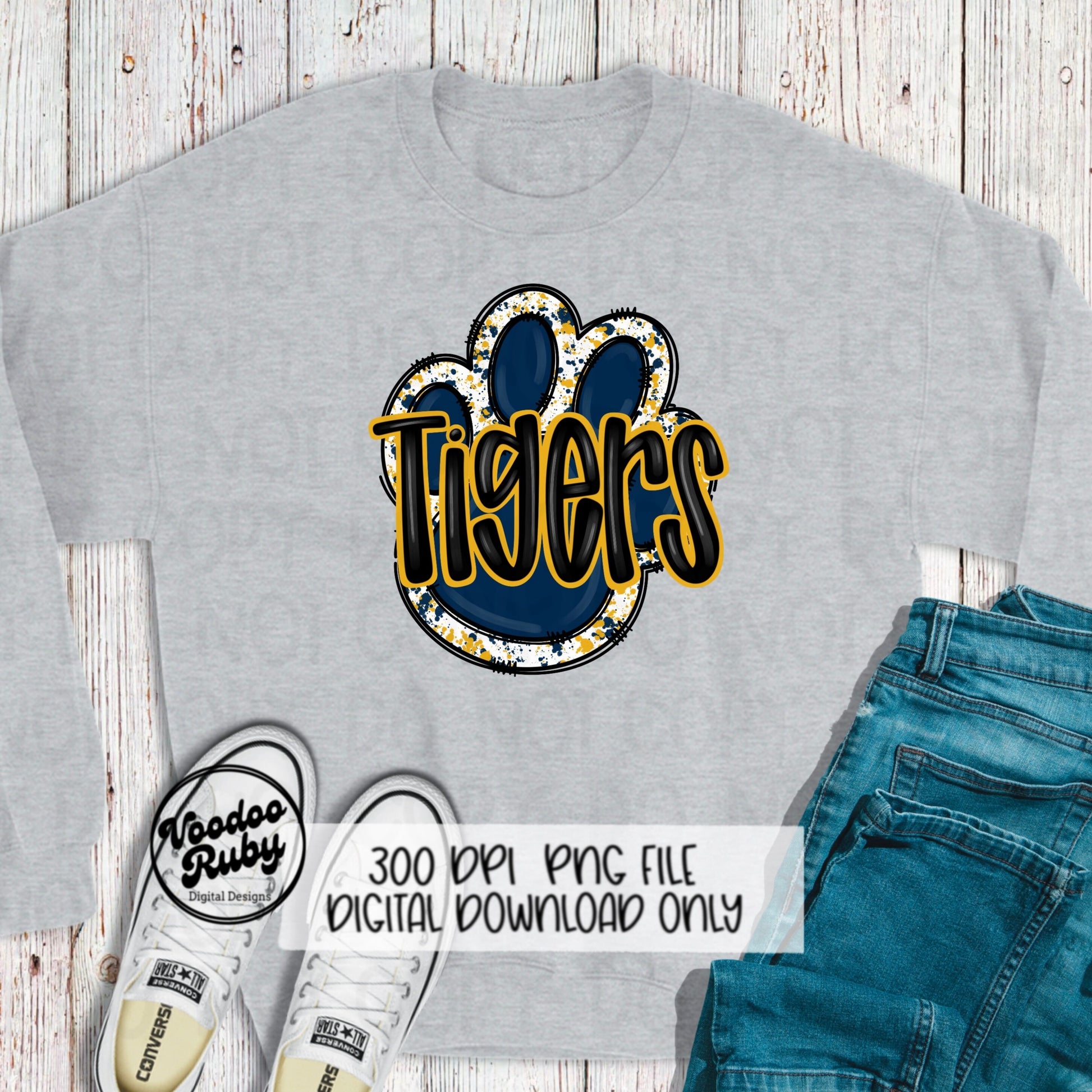 Tigers PNG Design Navy Blue Gold Yellow Hand Drawn Digital Download Football PNG Paw Print Sublimation Design Tigers Football DTF Printable