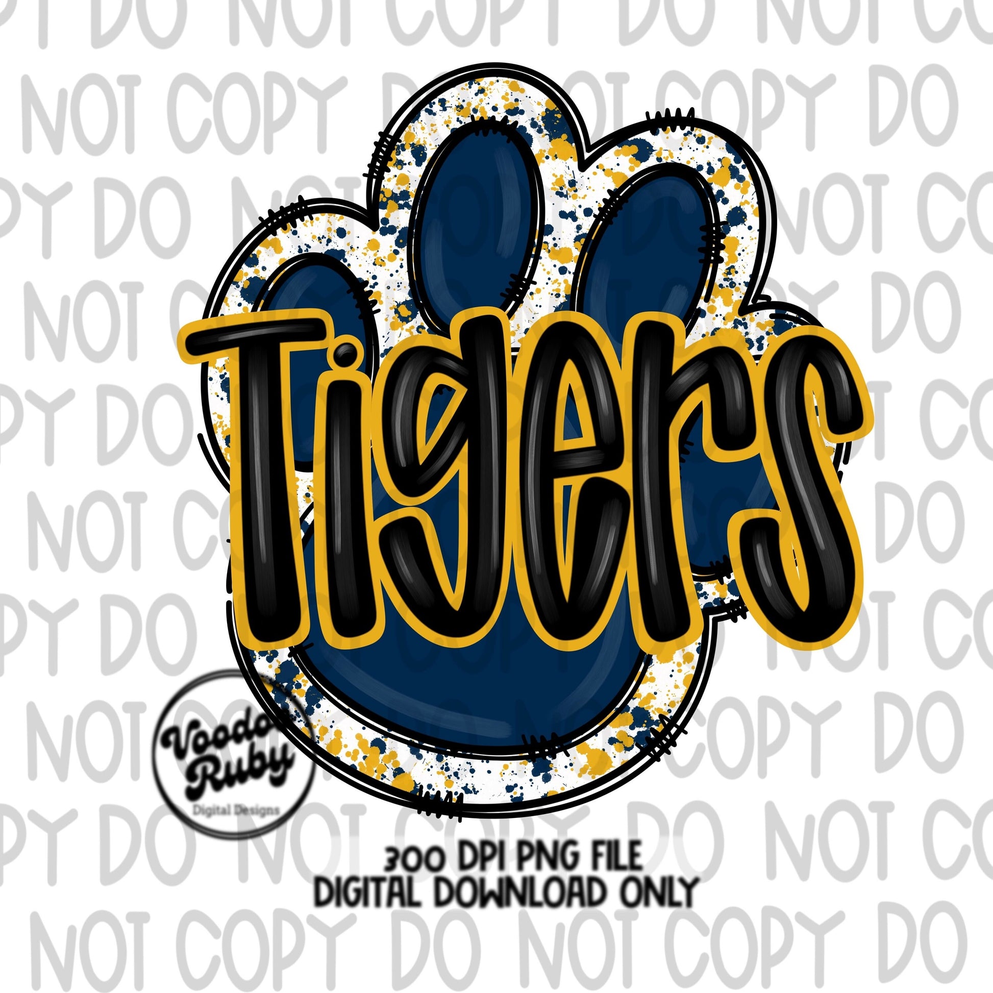 Tigers PNG Design Navy Blue Gold Yellow Hand Drawn Digital Download Football PNG Paw Print Sublimation Design Tigers Football DTF Printable