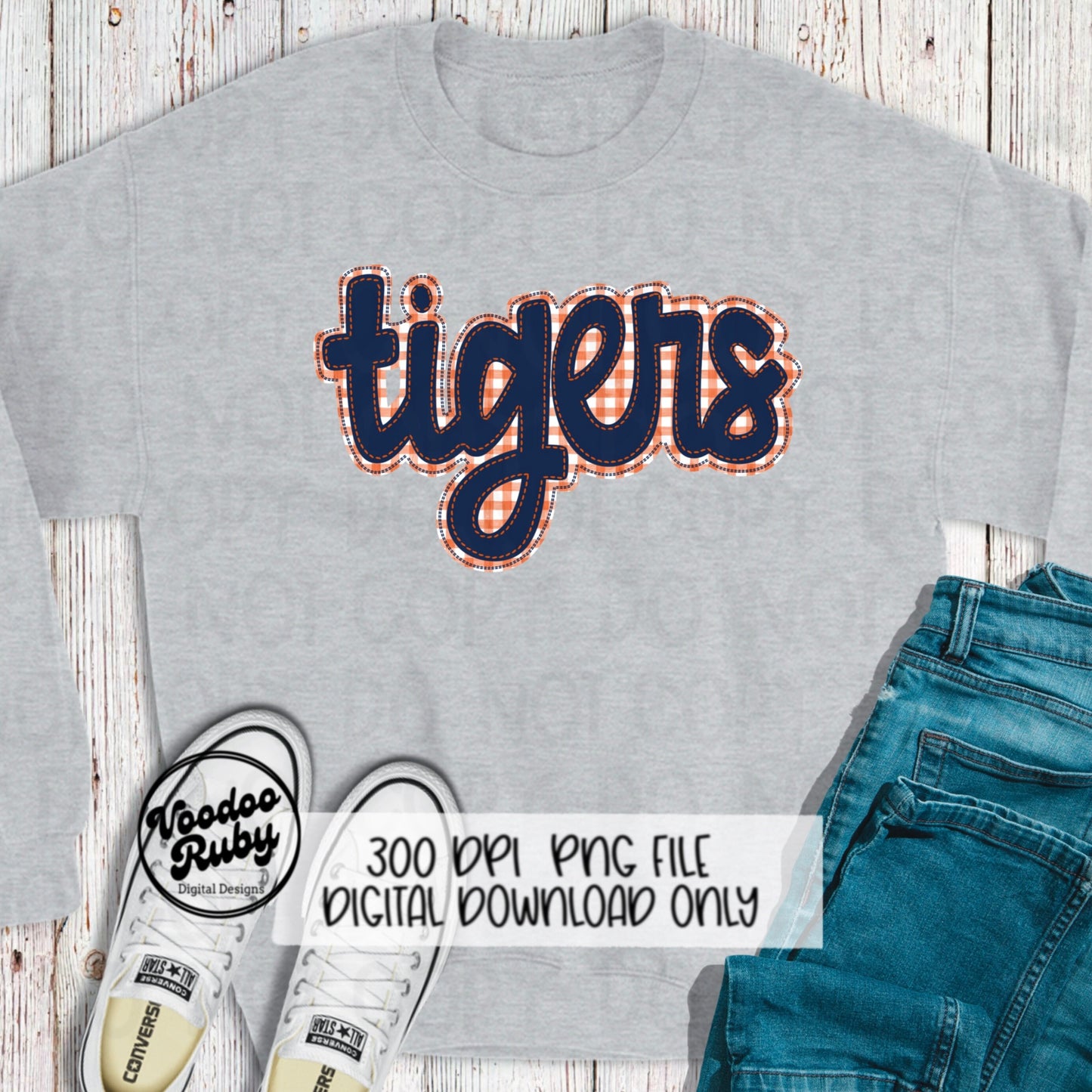 Tigers PNG Design Blue Orange Hand Drawn Digital Download Embroidery PNG Faux Applique Tigers Football png DTF Printable Clip Art Mascot