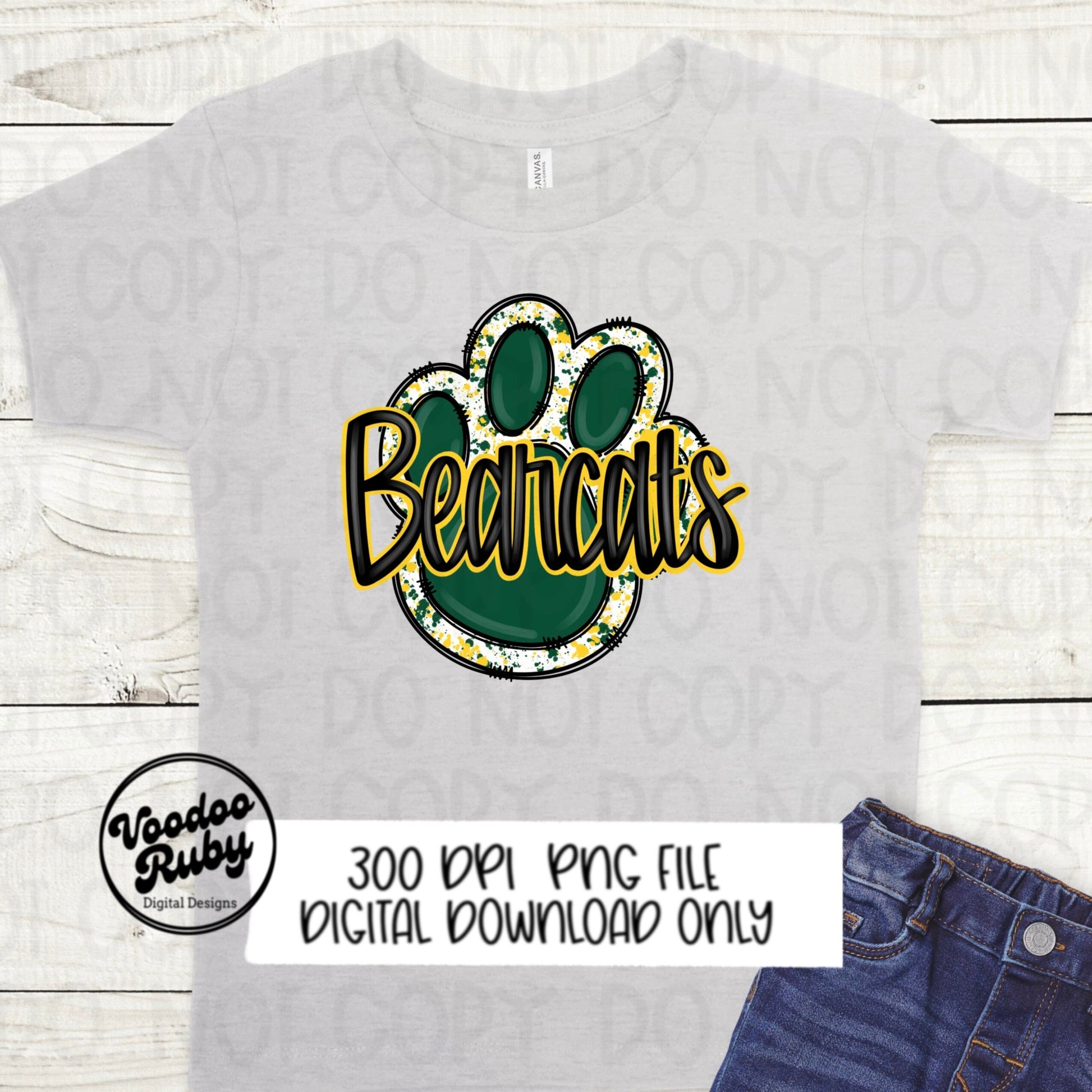 Bearcats PNG Design Hand Drawn Digital Download Sublimation Football PNG Green Yellow Bearcats Paw Print png Football DTF Printable