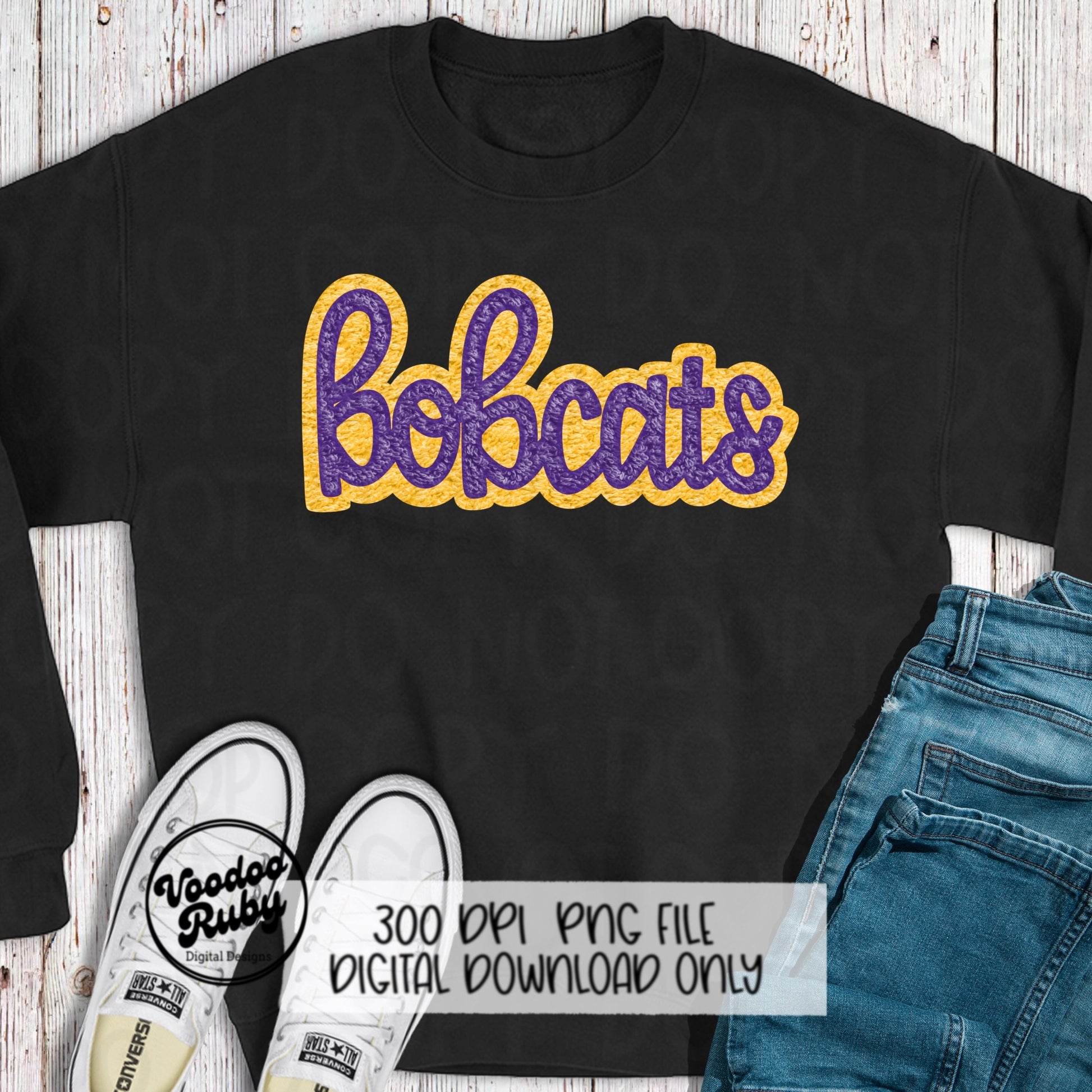 Bobcats PNG Design Faux Chenille Patches Faux Applique Hand Drawn Digital Download Sublimation Football Purple Yellow Bobcats DTF Printable