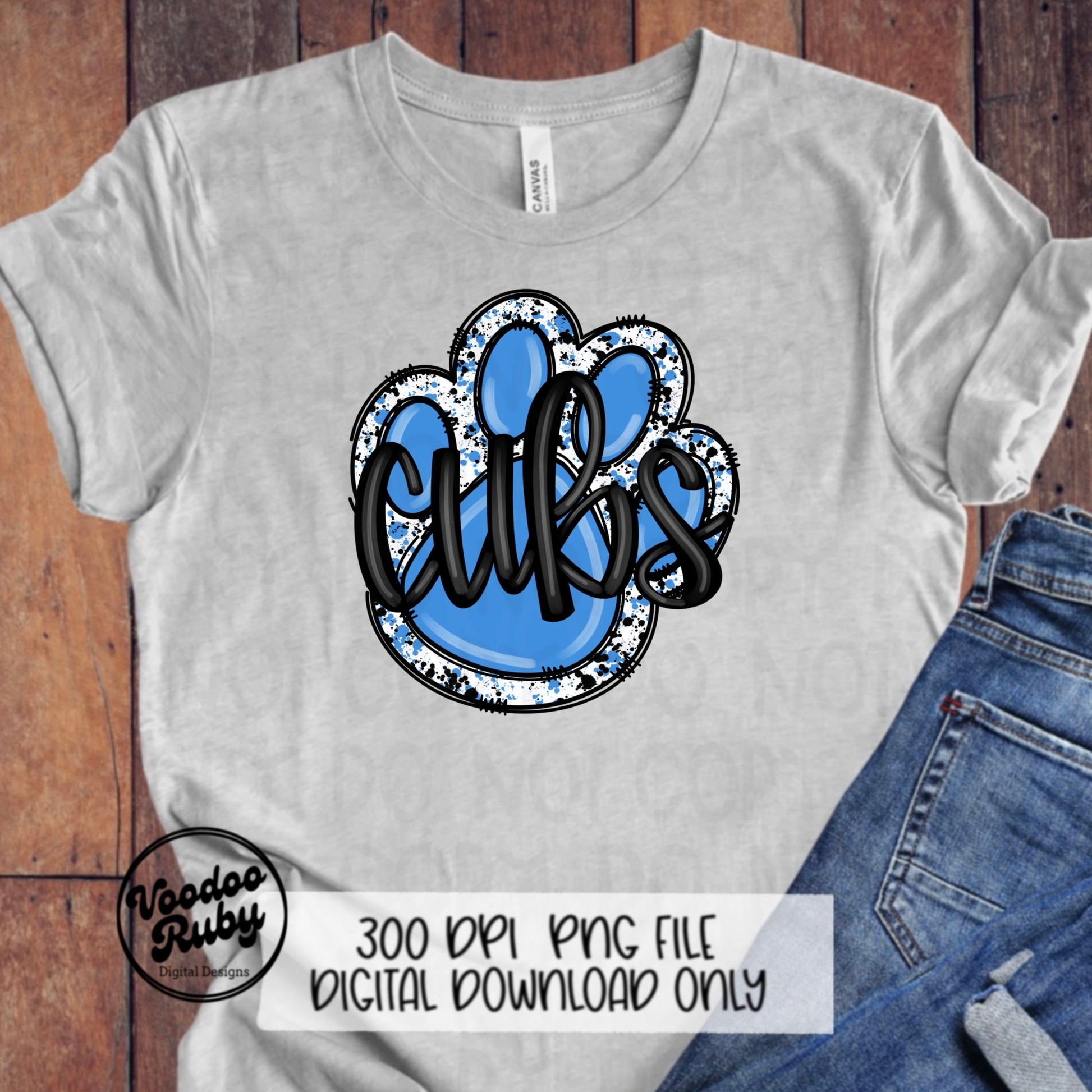 Cubs PNG Design Hand Drawn Digital Download Football PNG Blue Cubs Paw Print Sublimation DTF Printable Cubs Mascot png Clip Art